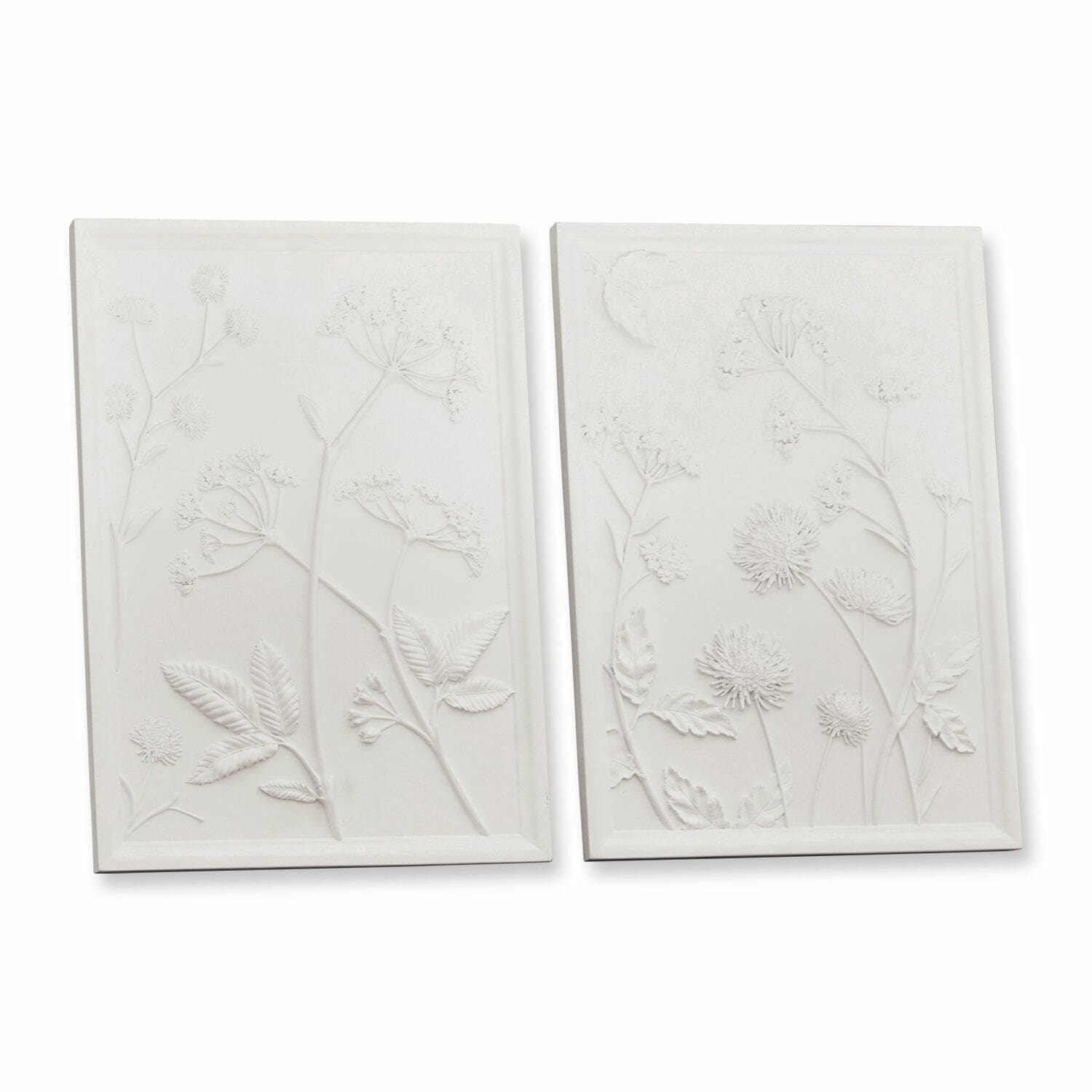 Lot de 2 tableaux Carrefour Deux panneaux muraux blancs en céramique avec relief floral, décoration intérieure naturelle