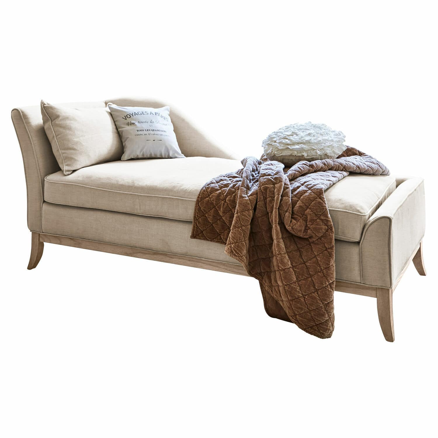 Méridienne Alphonse Chaise longue beige en tissu avec base en bois et couverture matelassée marron pour salon