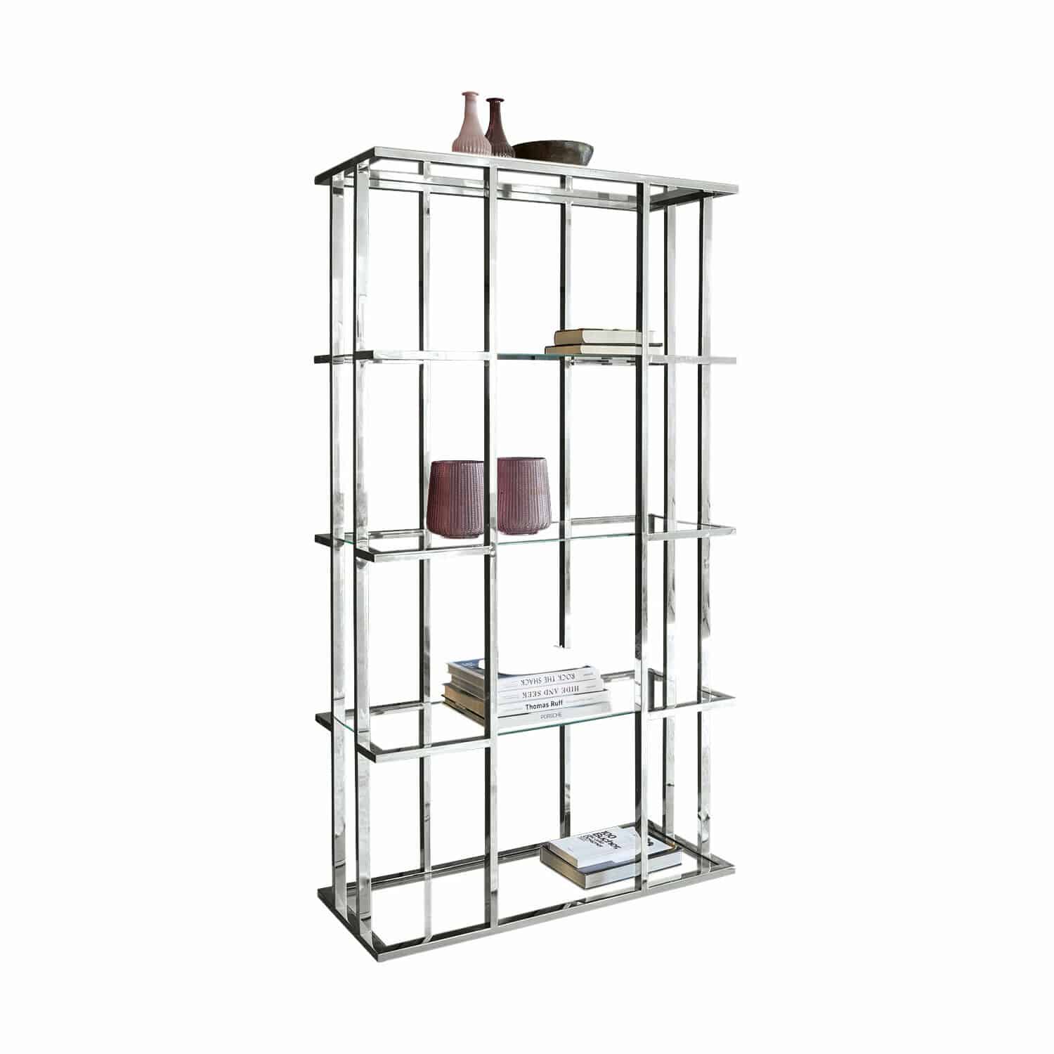 Étagère Dacre Étagère moderne en métal argenté avec étagères en verre, décorations et livres posés dessus