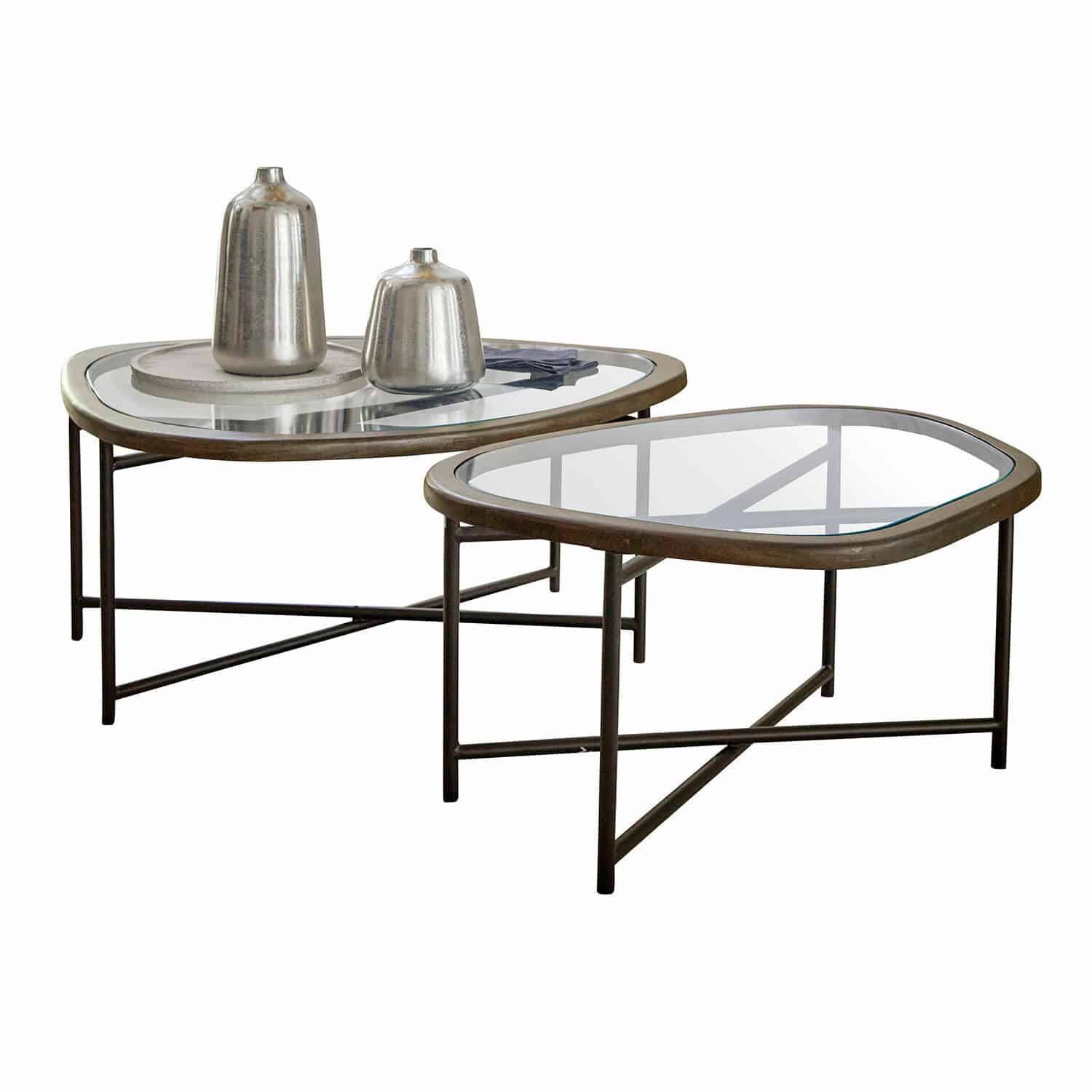 Lot de 2 tables basses Kembria Ensemble de deux tables basses avec cadre en métal et plateau en verre de couleur marron