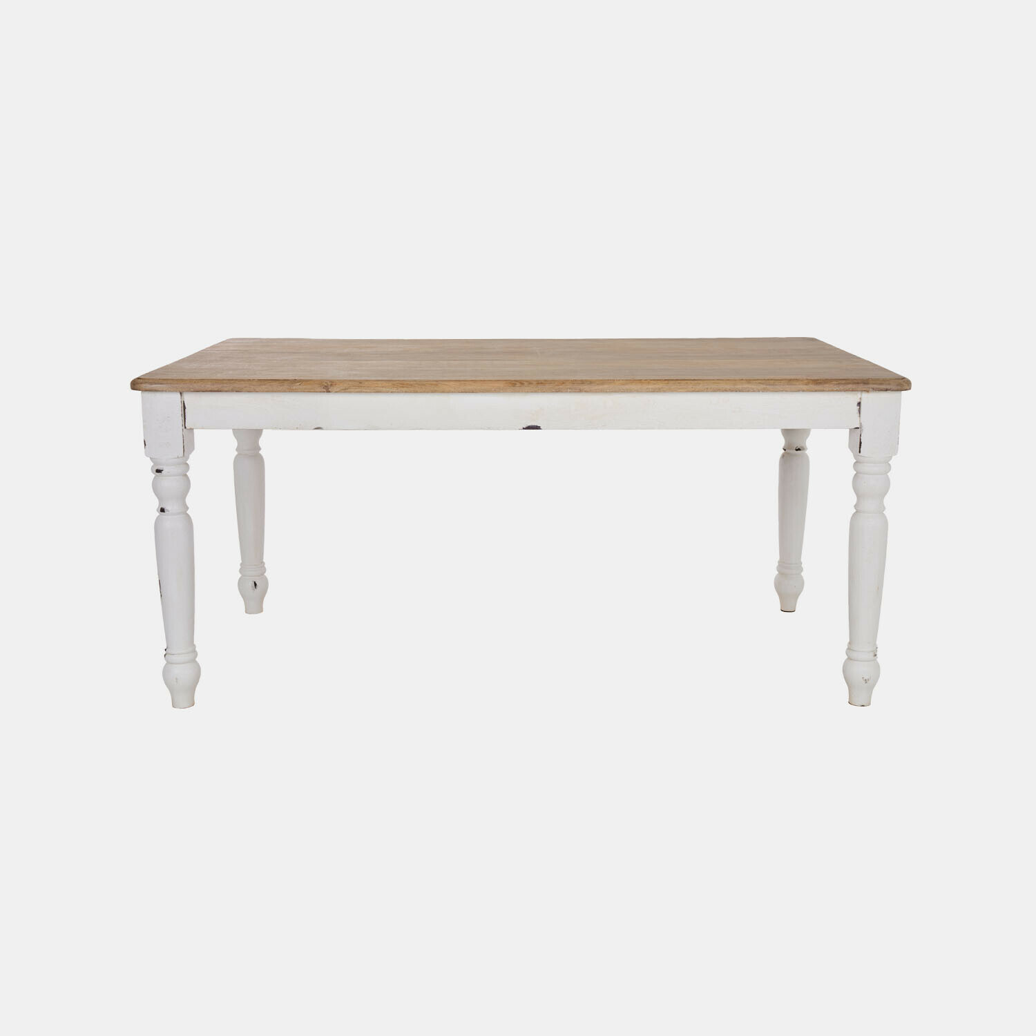 Table Lisan en bois brun et blanc antique avec pieds tournés, style rustique pour salle à manger