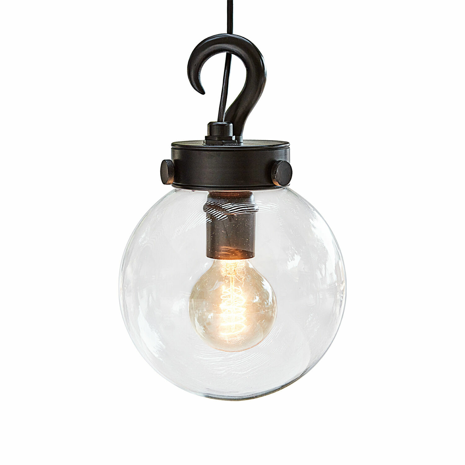 Lampe de jardin Marey en métal noir et verre transparent, suspension avec ampoule visible