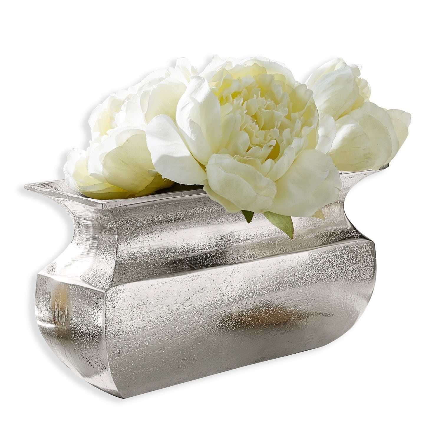 Vase Cyrian Vase décoratif en métal argenté avec fleurs blanches, idéal pour décoration intérieure et table
