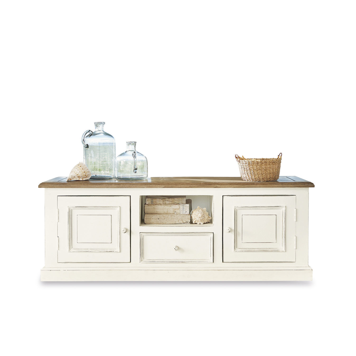 Buffet bas Cogolin Buffet en bois blanc avec tiroir et étagères, plateau en bois naturel, décorations en verre et panier