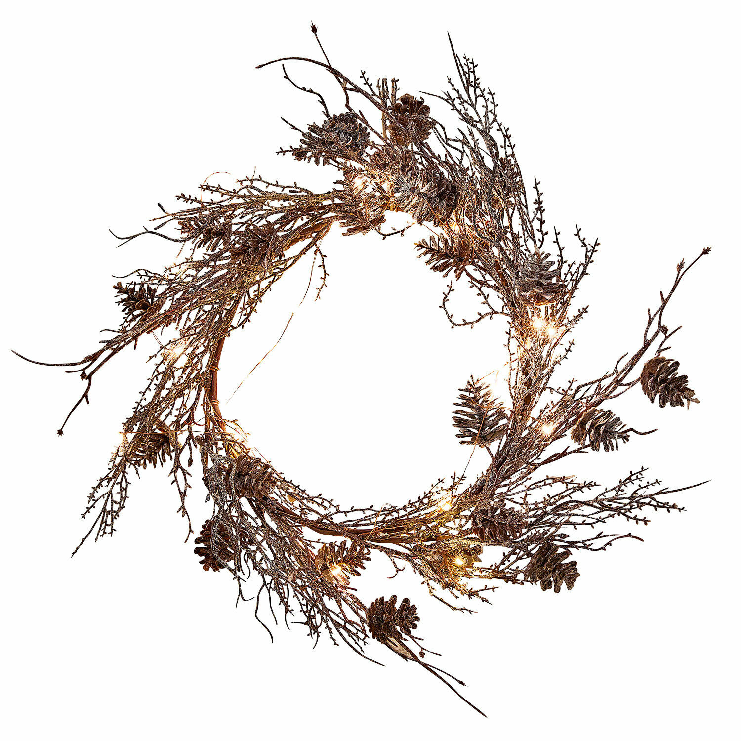 Couronne LED Lorvaya Couronne décorative en branches et pommes de pin marron avec éclairage LED doux pour décoration festive
