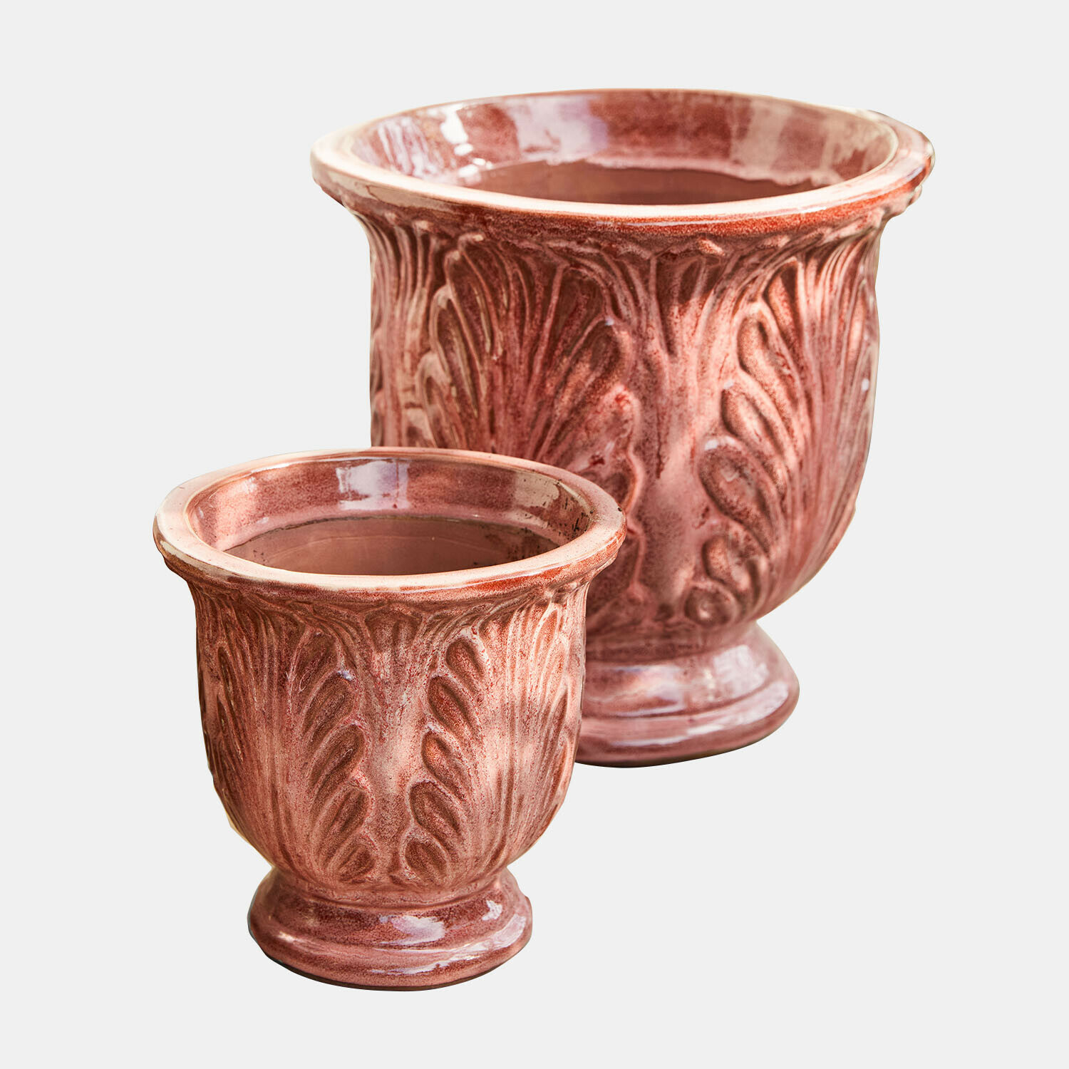 Lot de 2 cache-pots Aurezia Deux pots en céramique couleur rouille avec motif en relief de feuilles, pots décoratifs pour intérieur et jardin