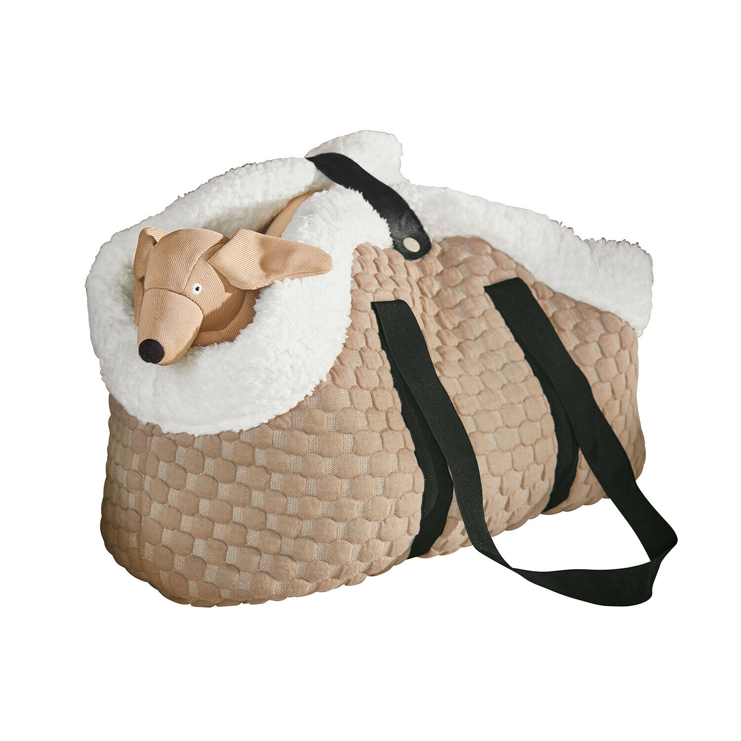 Sac de transport pour animaux Brisette Sac matelassé beige avec poignées noires et bordure en fausse fourrure blanche avec peluche chien