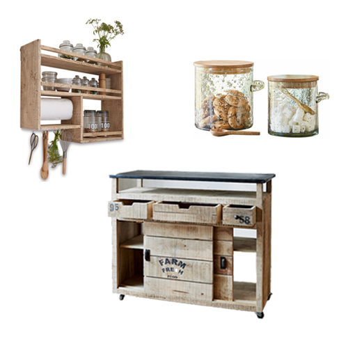 Ensemble de meubles de cuisine en bois avec étagère murale, meuble sur roulettes et bocaux en verre avec couvercles