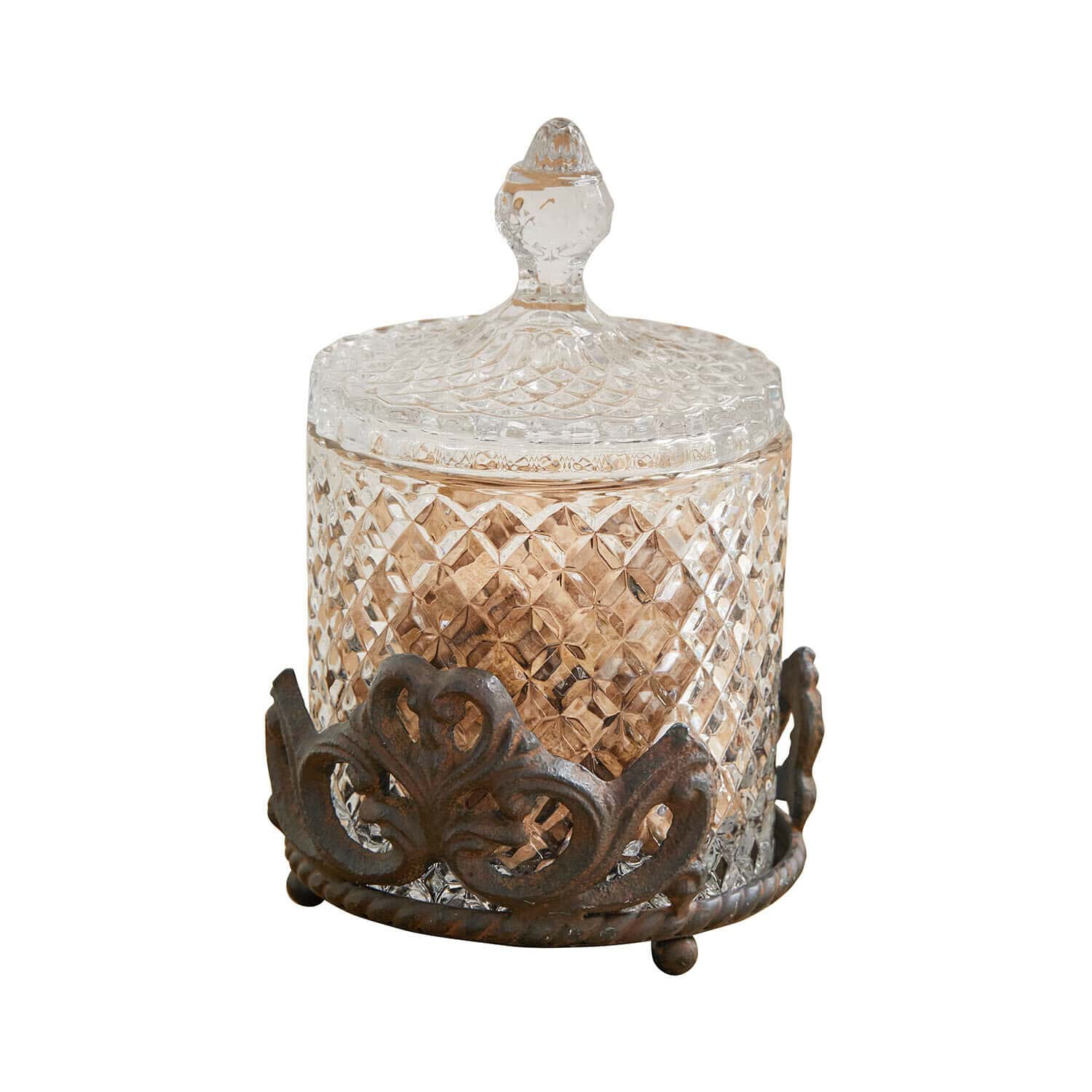 Pot en verre Kerynna Boîte en verre avec couvercle et base métallique décorative vintage, transparente et brune