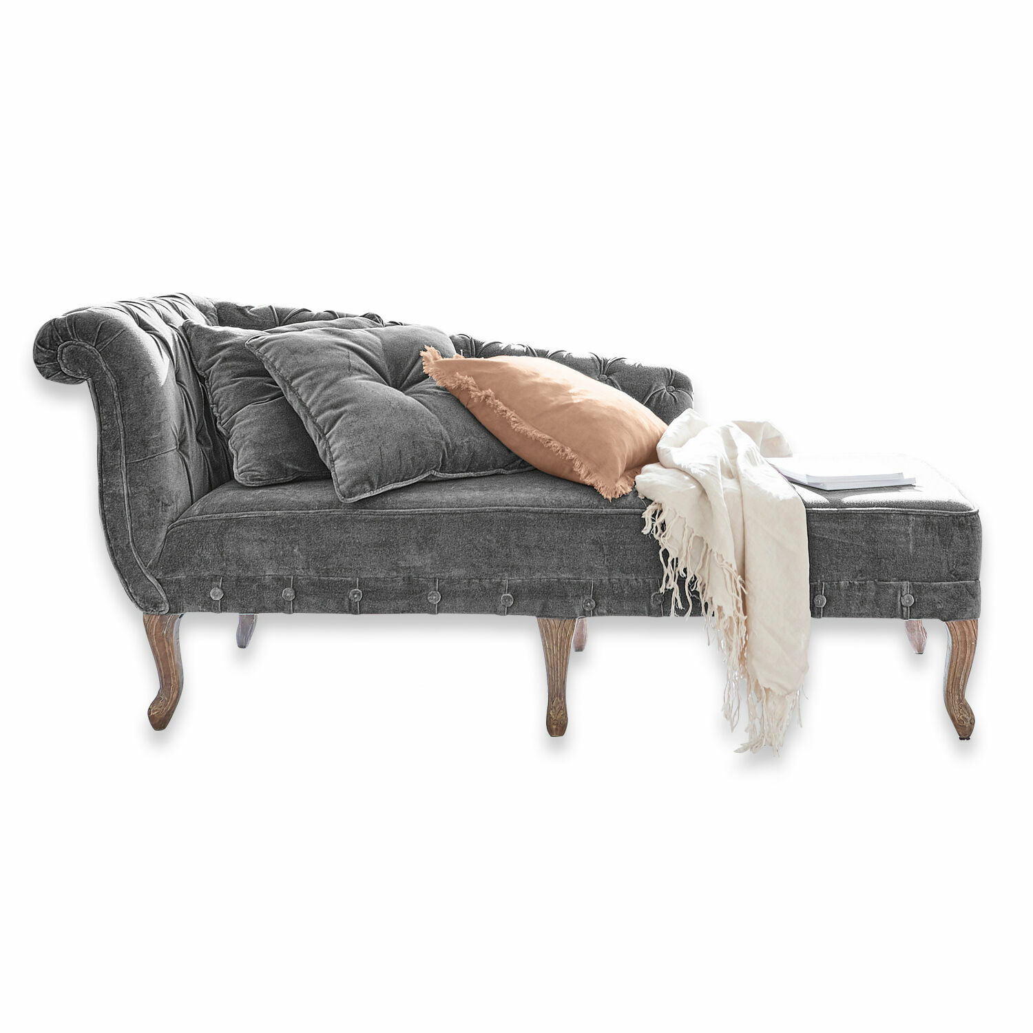 Méridienne Viviani Chaise longue grise en velours avec pieds en bois et coussins, meuble élégant pour salon confortable