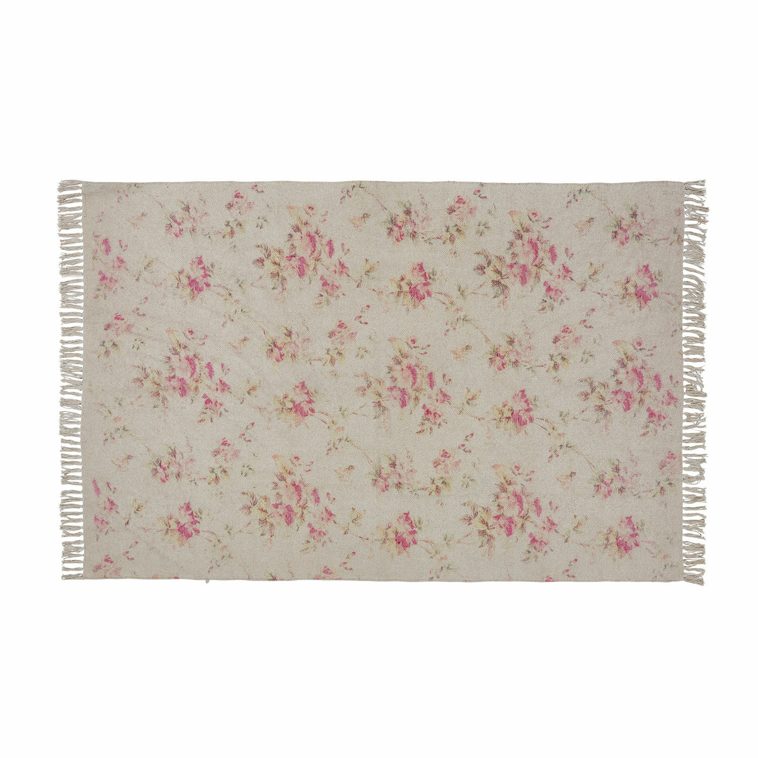 Tapis Ingvi Tapis beige à motif floral avec franges, tissu doux décoratif pour salon élégant