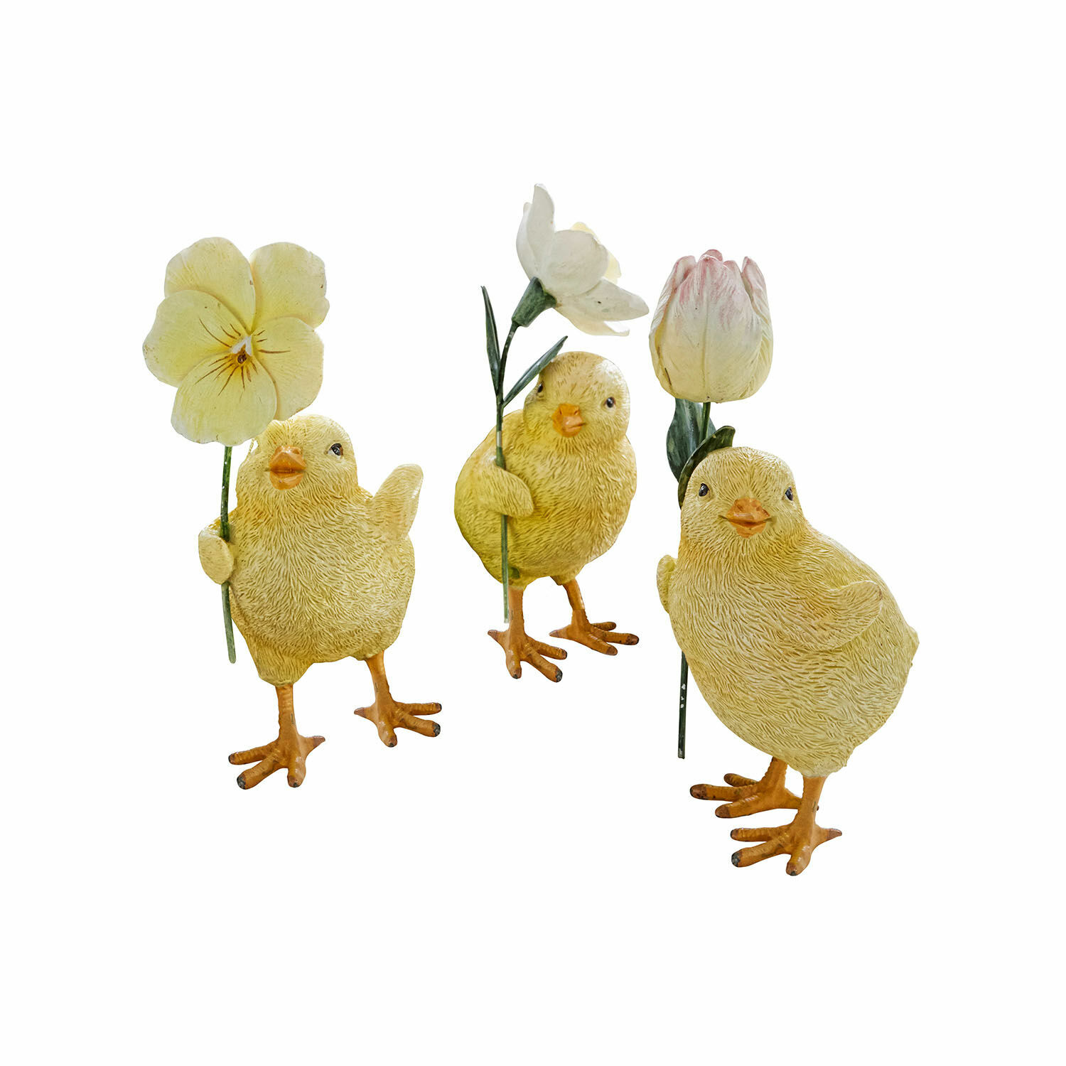 Lot de 3 poussins Duerre Trois poussins décoratifs jaunes en plastique tenant des fleurs aux couleurs pastel