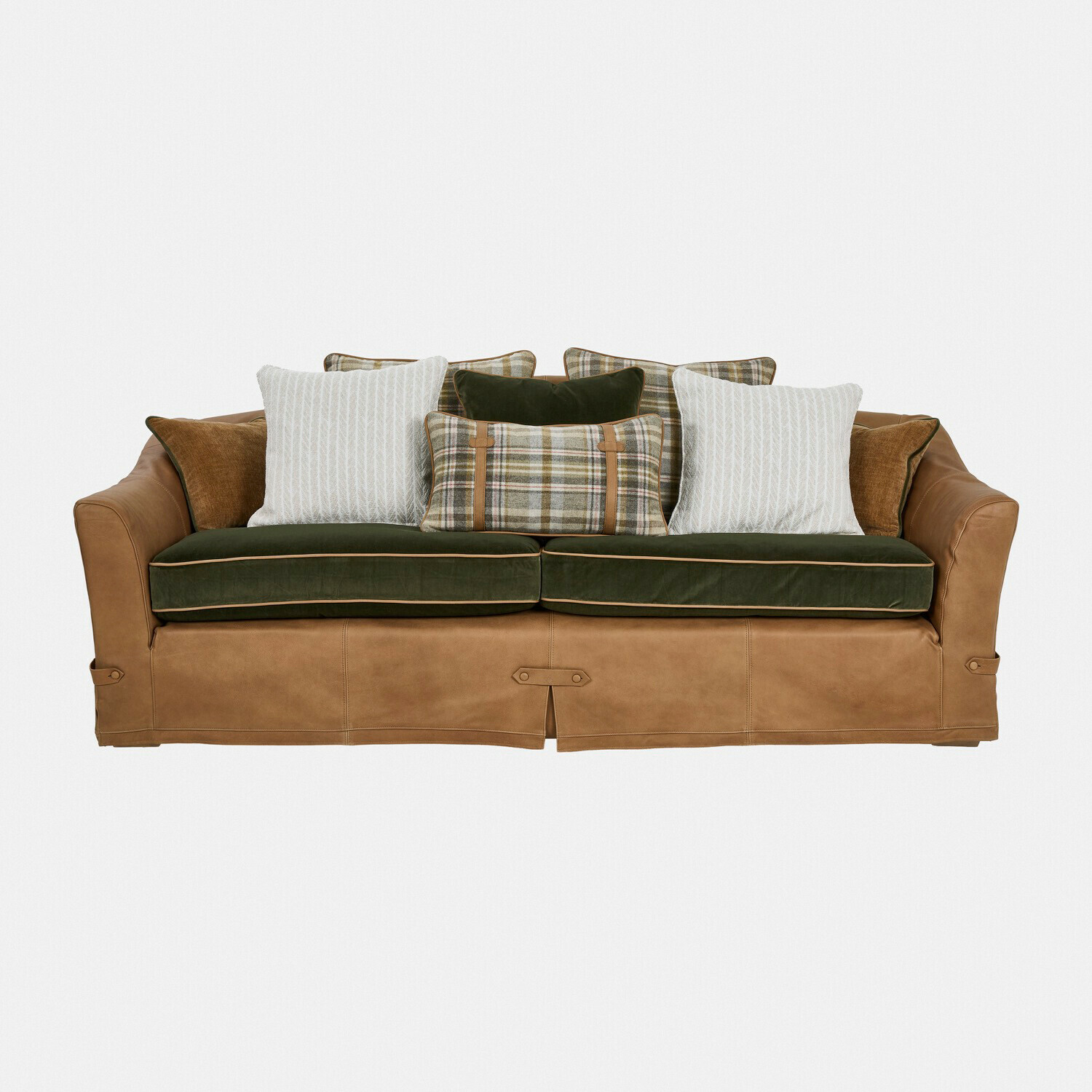 Canapé Halton Canapé en cuir marron avec coussins verts et motifs à carreaux, meuble confortable pour salon