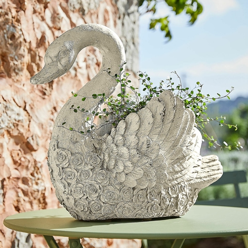 Jardinière en forme de cygne en béton gris avec motif floral, décoration extérieure élégante