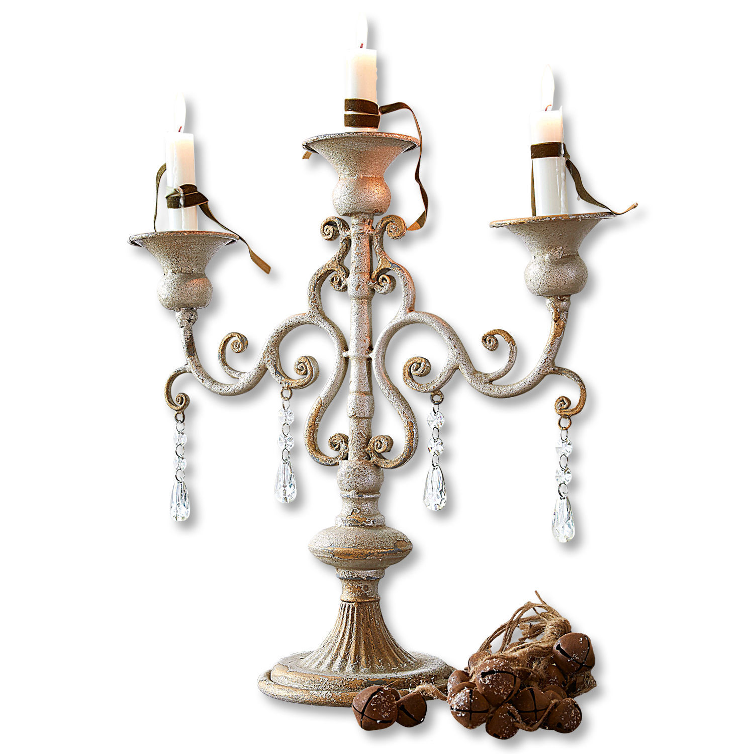 Bougeoir Chantan Chandelier en métal doré vieilli à trois bras avec cristaux et bougies blanches décoratives