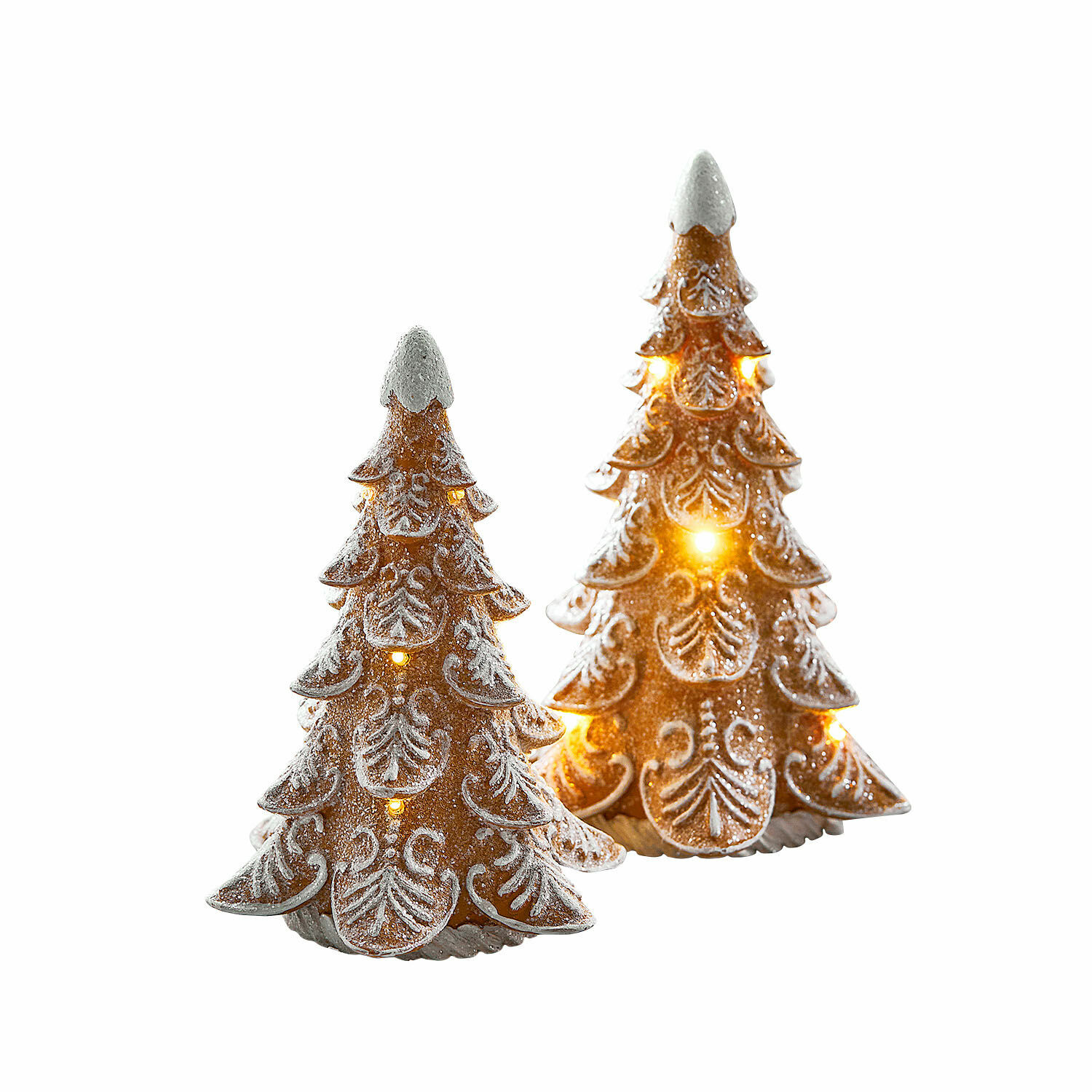 Lot de 2 arbres à LED Anyama Deux sapins décoratifs en céramique marron avec éclairage LED et effet neige blanche, décoration de Noël