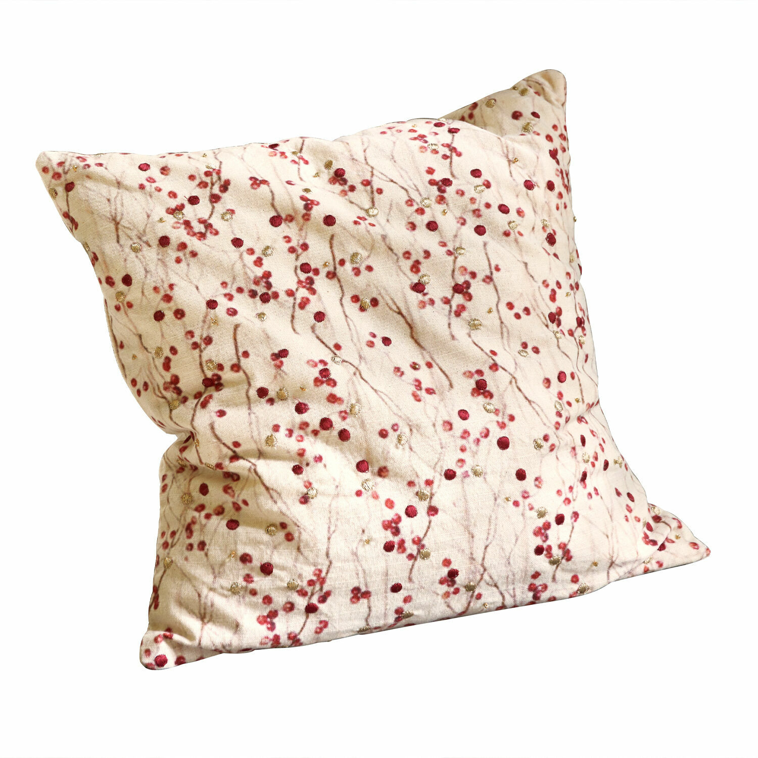 Housse de coussin Rimont Coussin beige avec motif branches rouges et dorées, tissu doux, décoration intérieure élégante