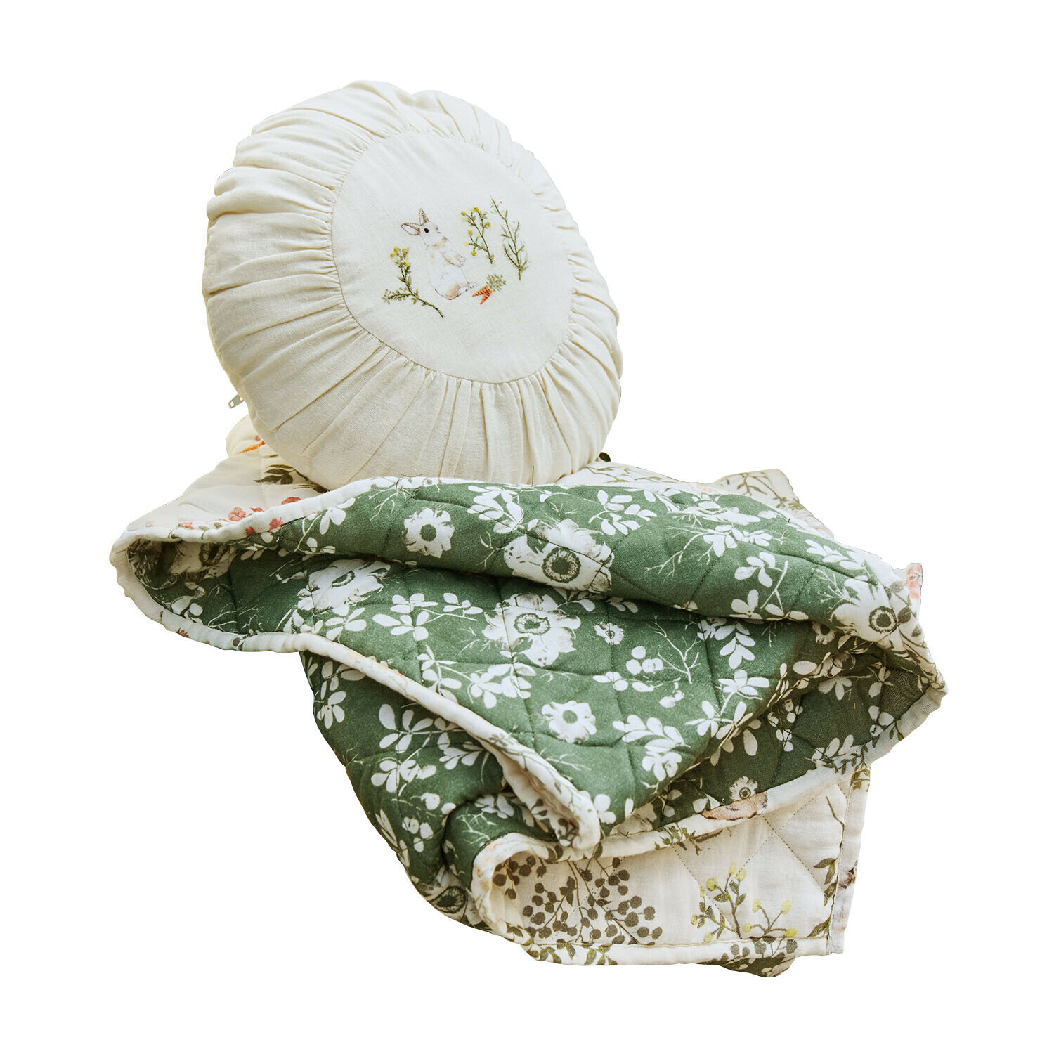 Plaid et coussin Puddlebrook Coussin rond crème avec broderie de lapin et couverture matelassée verte à fleurs pour décoration intérieure