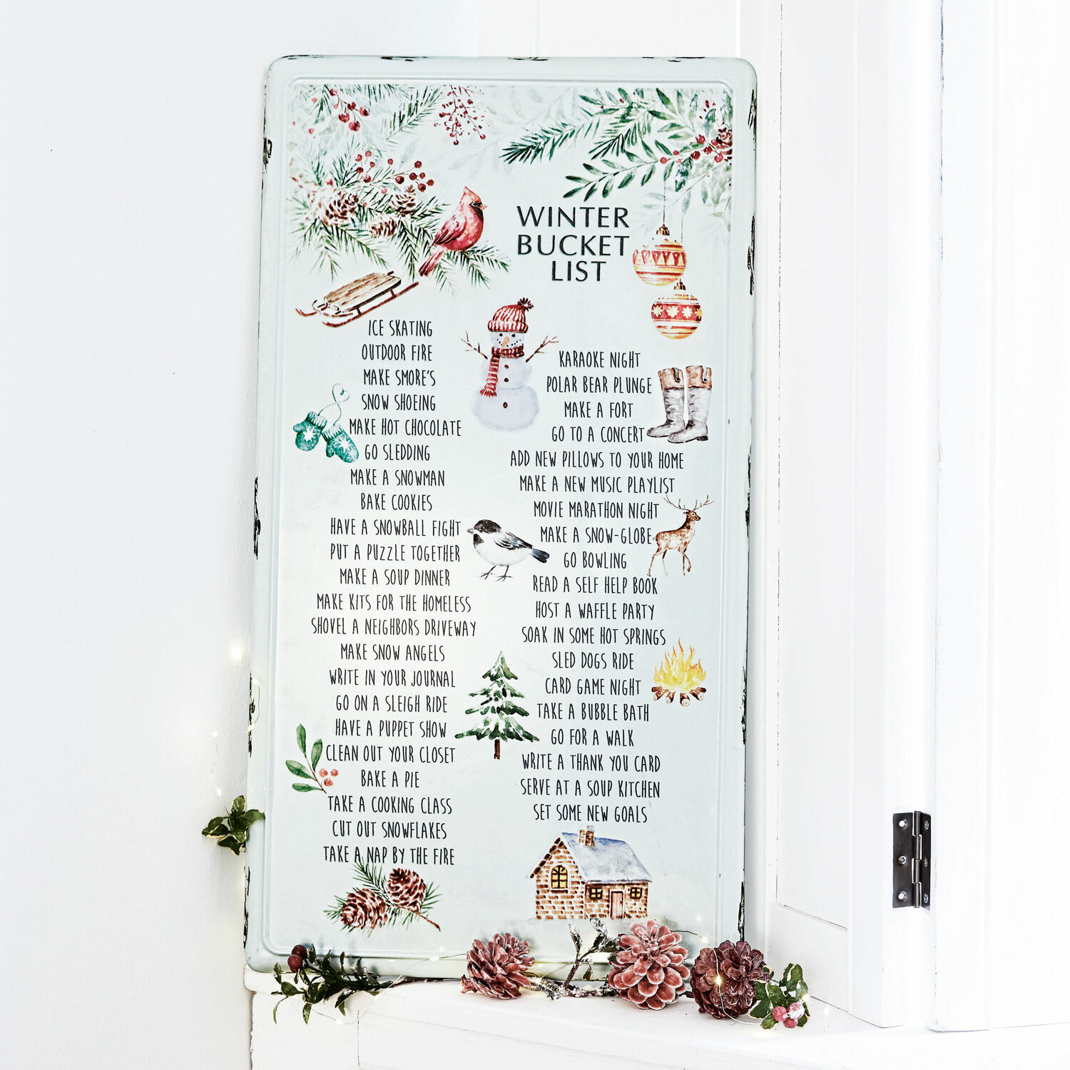 Panneau décoratif List Tableau en métal blanc avec liste d'activités hivernales et illustrations festives pour décoration saisonnière
