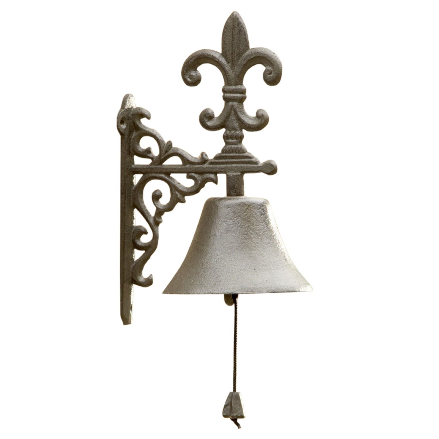 Cloche de porte Houma Cloche murale décorative en fonte grise avec motif fleur de lys et cordelette pour sonner