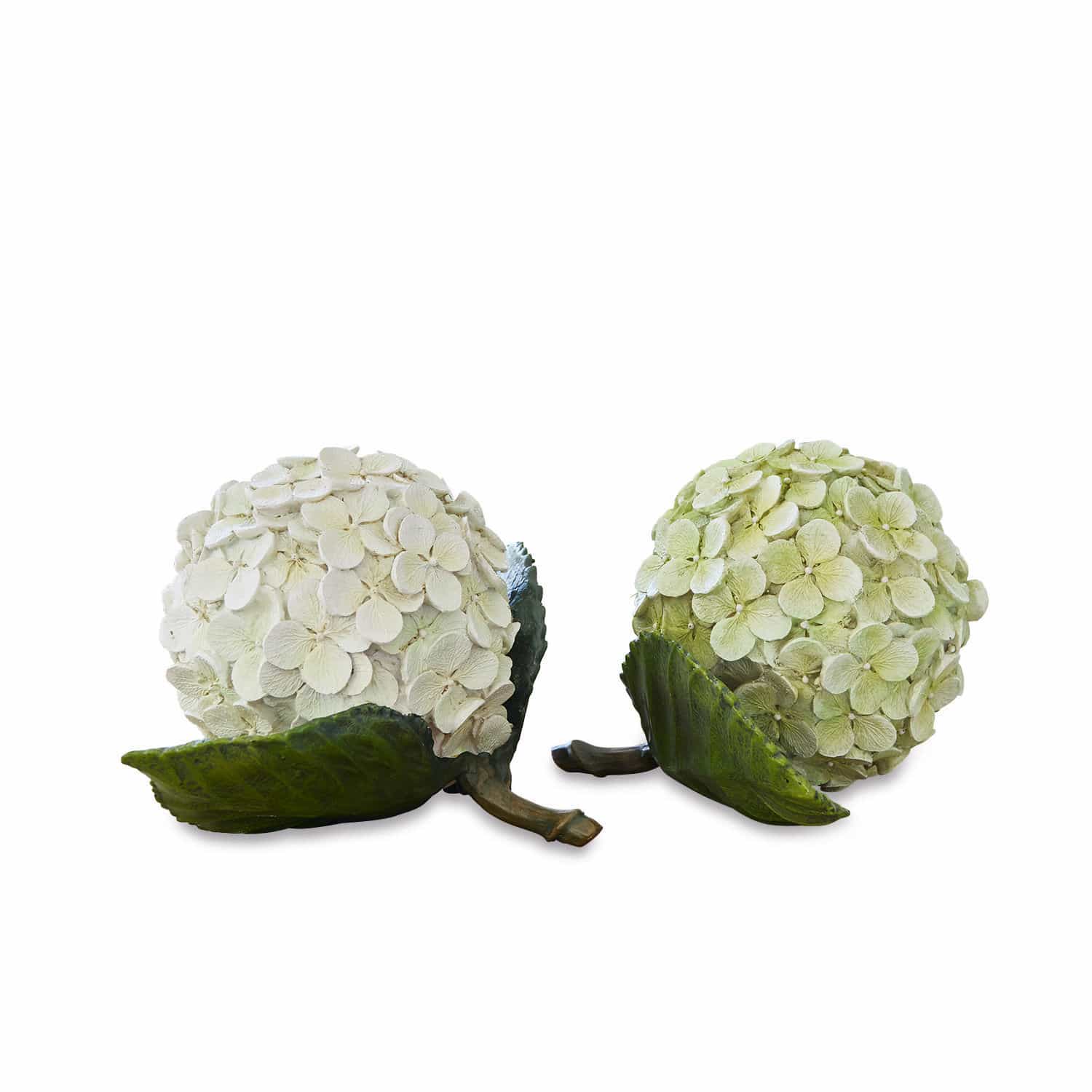 Lot de 2 fleurs décoratives Hortensie Boules décoratives de fleurs blanches et vertes avec feuilles, décoration intérieure élégante