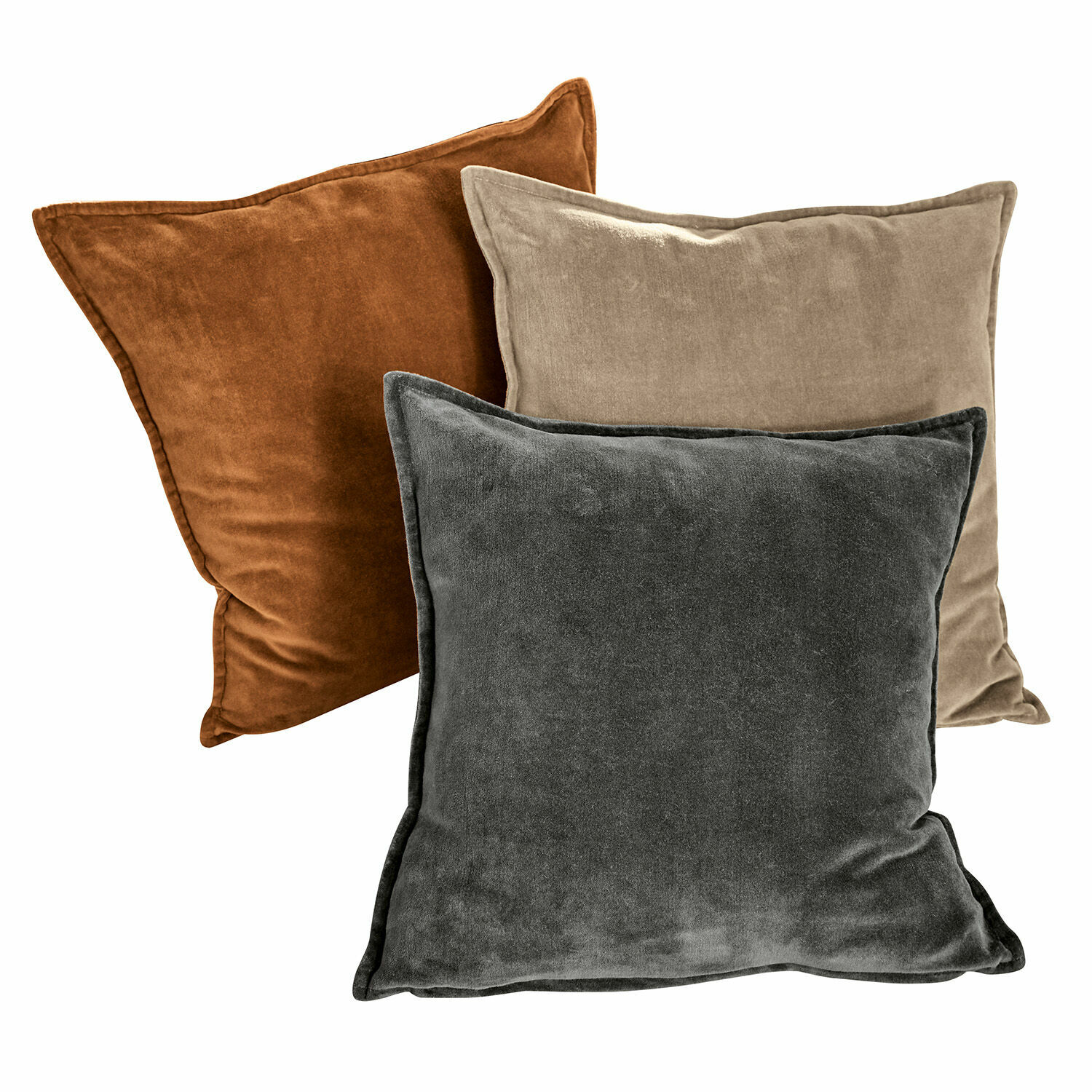Lot de 3 housses de coussins Lumeau Ensemble de trois coussins en velours marron, beige et gris pour décoration intérieure confortable