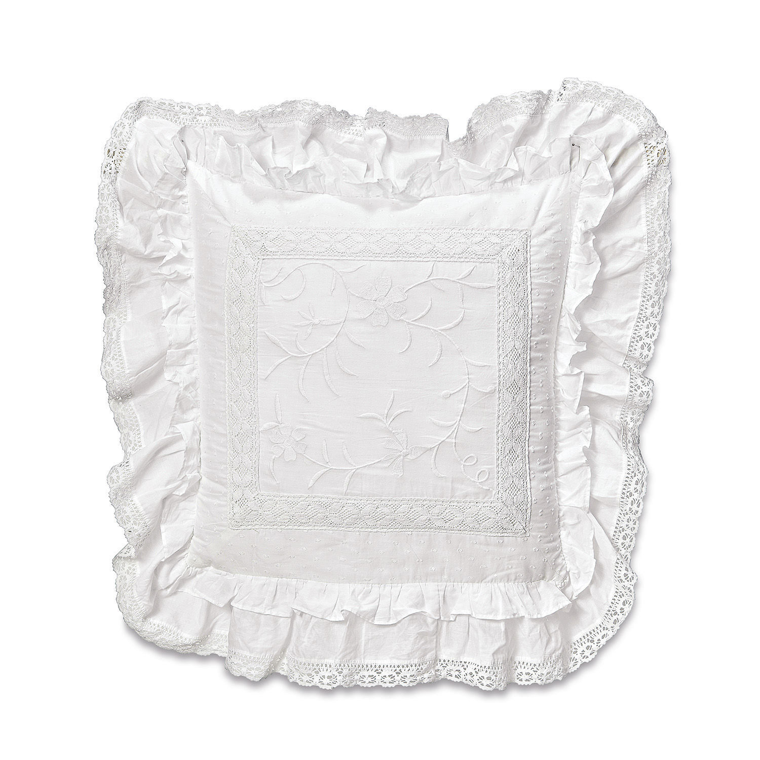 Coussin Marbury Housse de coussin blanche en coton avec dentelle et broderie, décorative pour chambre