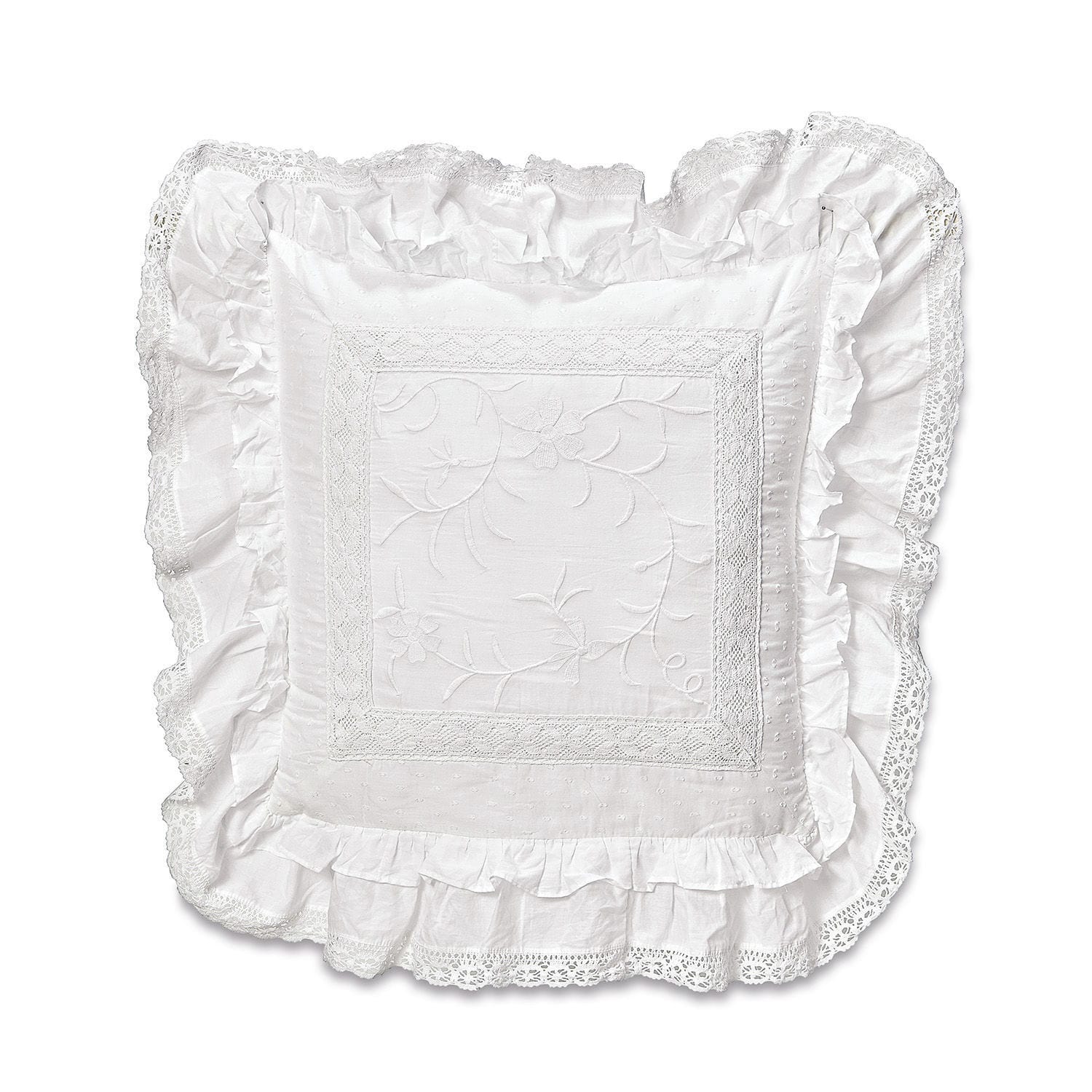 Coussin Marbury Housse de coussin blanche en coton avec dentelle et broderie, décorative pour chambre
