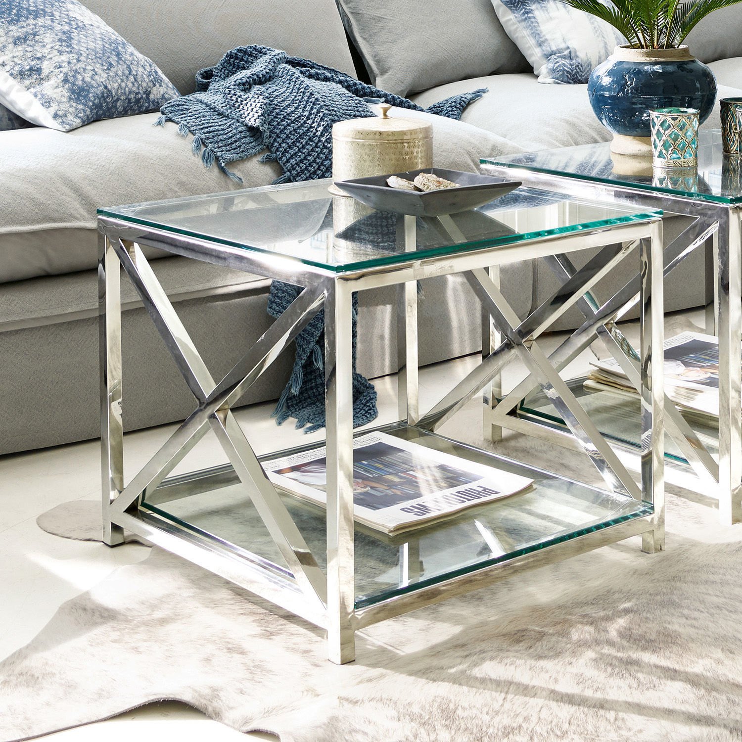 Table d'appoint Stamford Table basse moderne en verre et acier chromé argenté pour salon élégant et lumineux