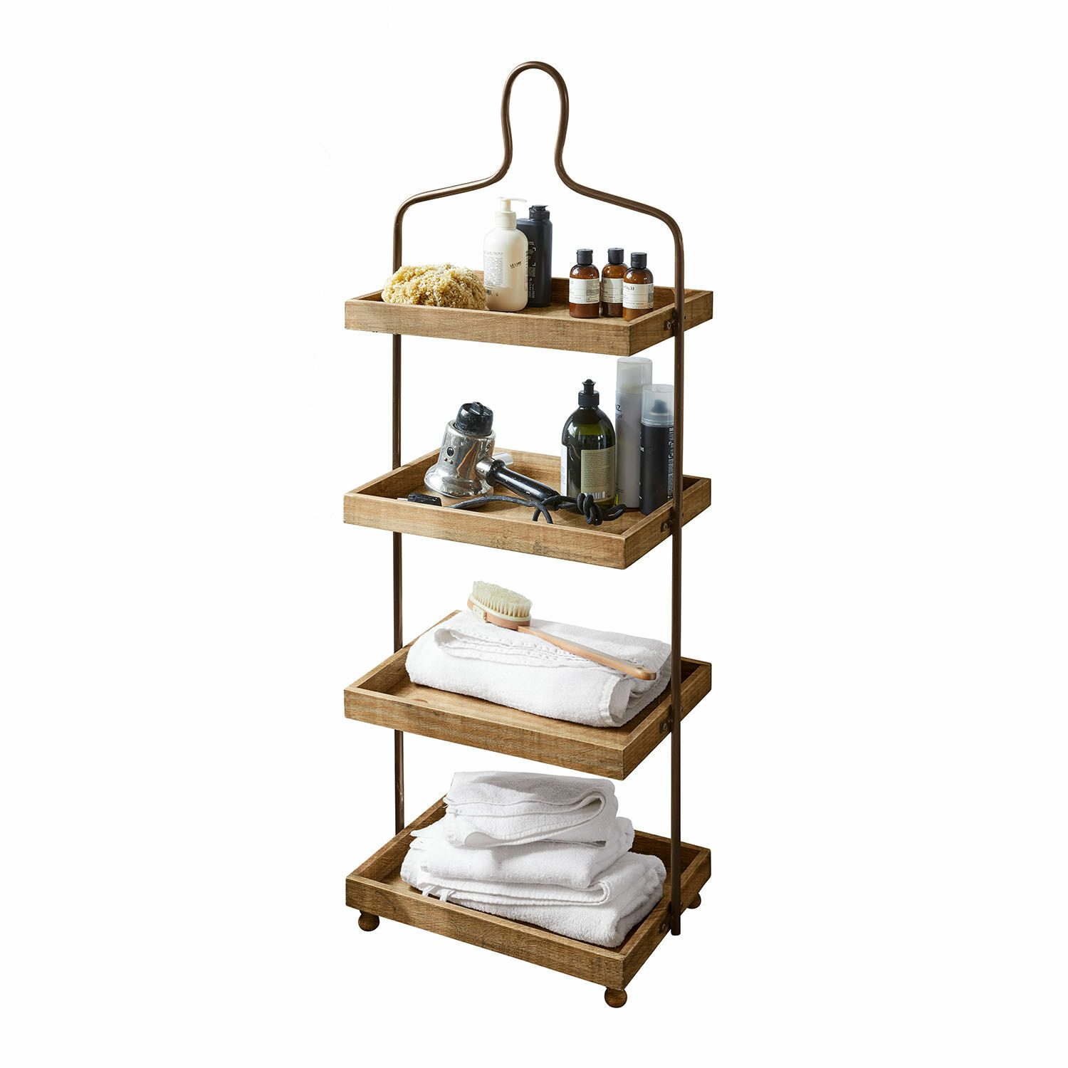 Étagère Lasse Étagère de salle de bain avec quatre plateaux en bois et cadre métallique marron, serviettes et produits de soin