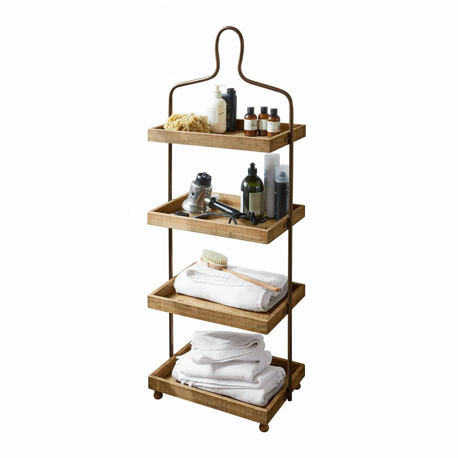 Étagère Lasse Étagère de salle de bain avec quatre plateaux en bois et cadre métallique marron, serviettes et produits de soin
