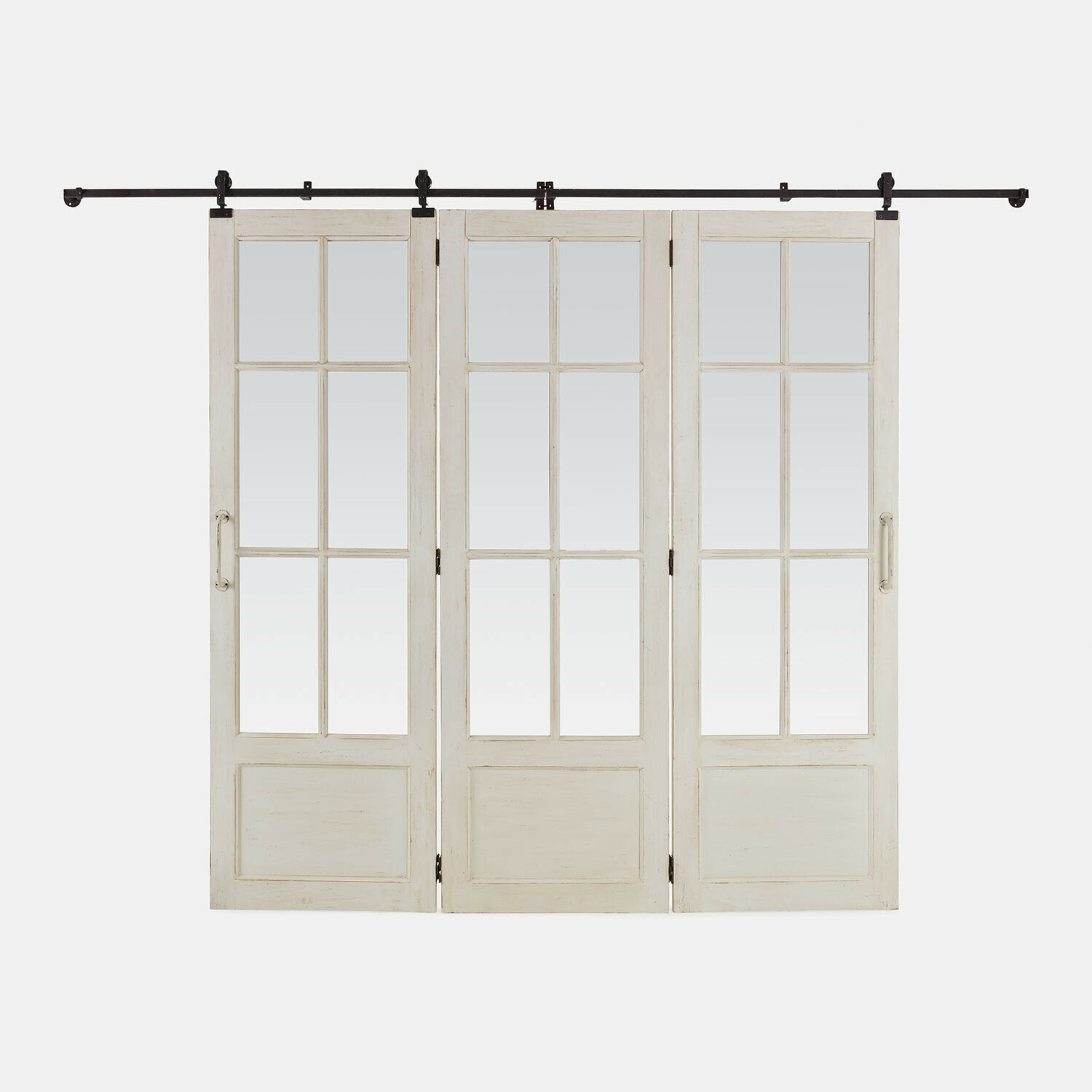 Porte coulissante pliante Salivonne Trois portes coulissantes blanches en bois avec vitres et mécanisme de fixation noir en métal