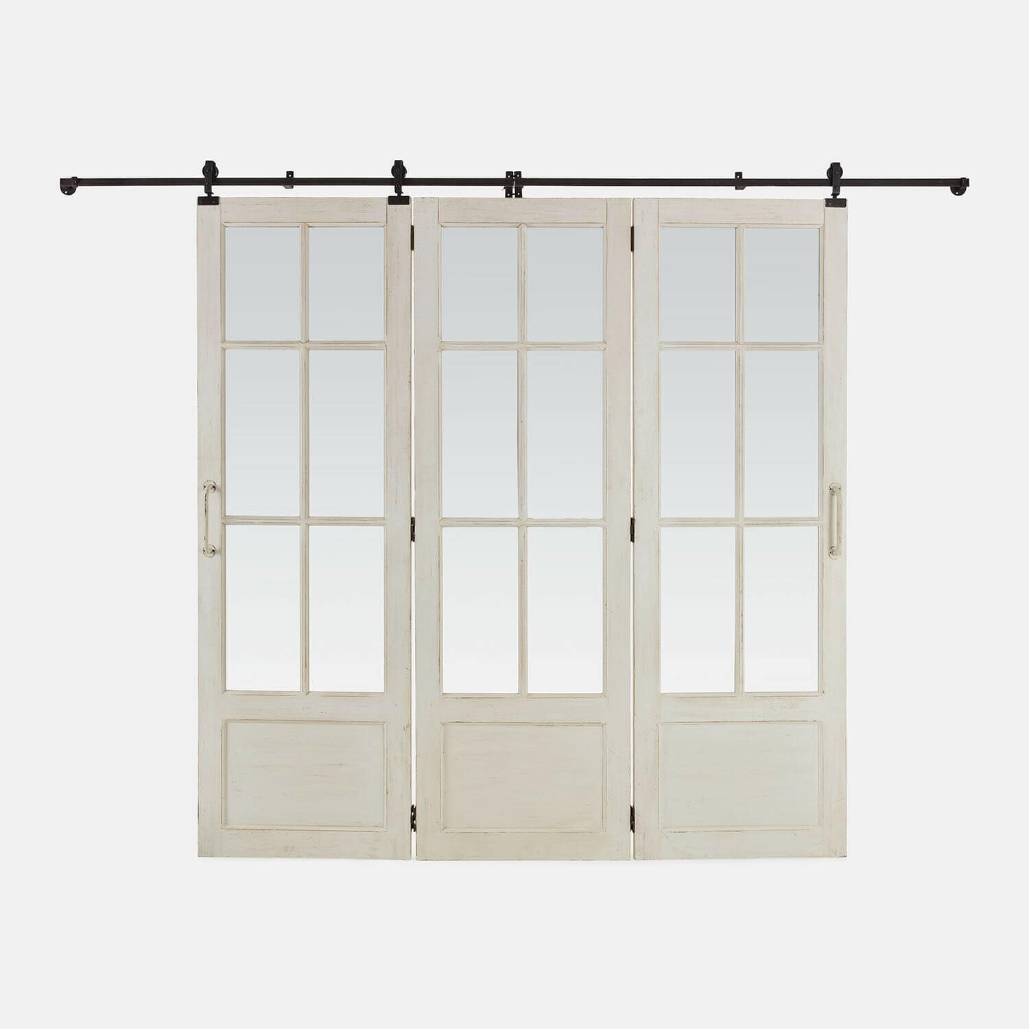 Porte coulissante pliante Salivonne Trois portes coulissantes blanches en bois avec vitres et mécanisme de fixation noir en métal