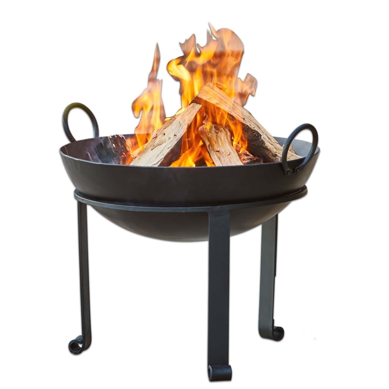 Brasero Harrogate Brasero en métal noir sur trois pieds avec flammes et bois pour jardin extérieur