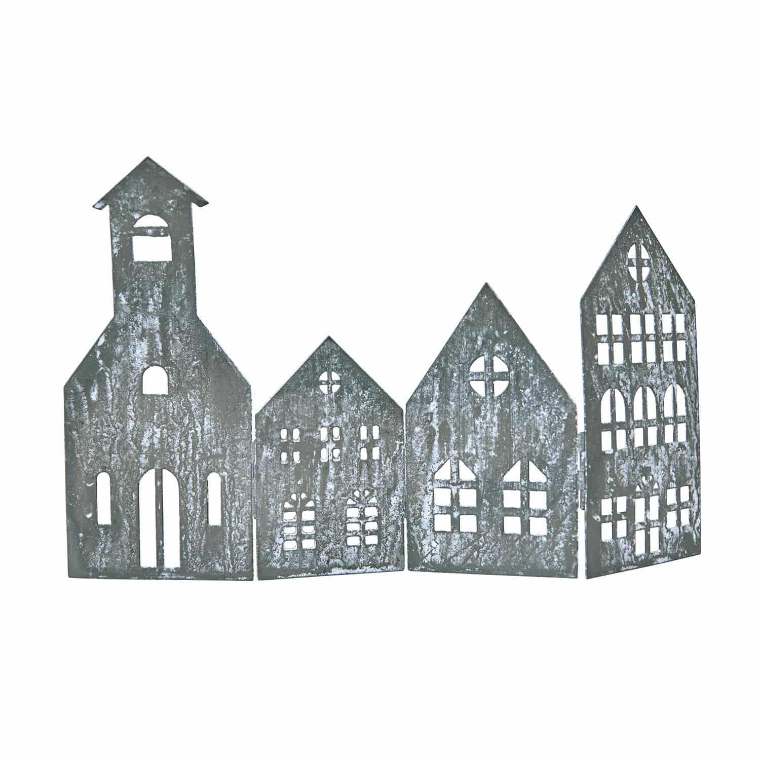 Paravent décoratif Ulorin Décoration en métal gris représentant quatre maisons, accessoire décoratif pour intérieur et fêtes