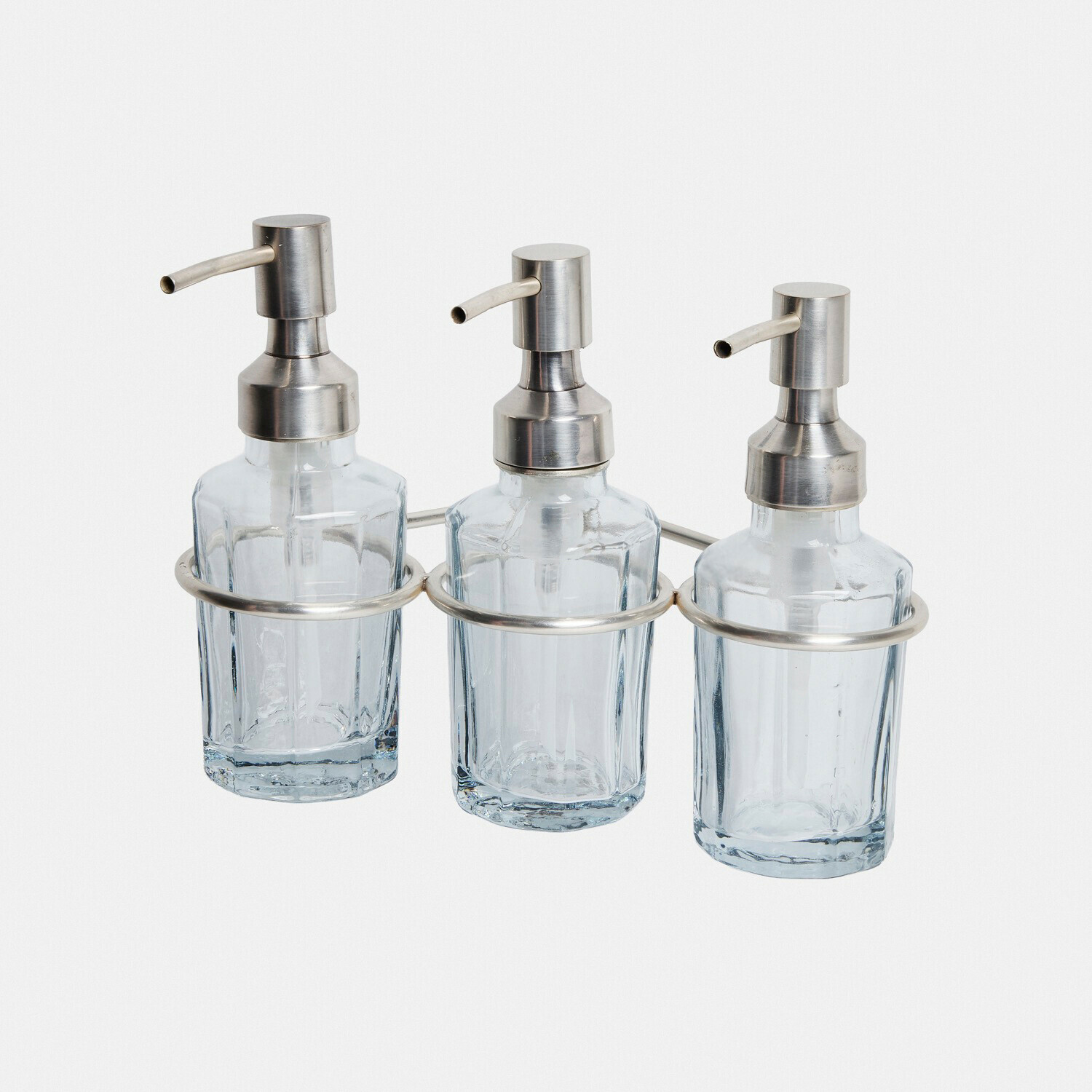 Distributeur de savon Virellane Ensemble de trois distributeurs en verre transparent avec pompe en métal et support mural