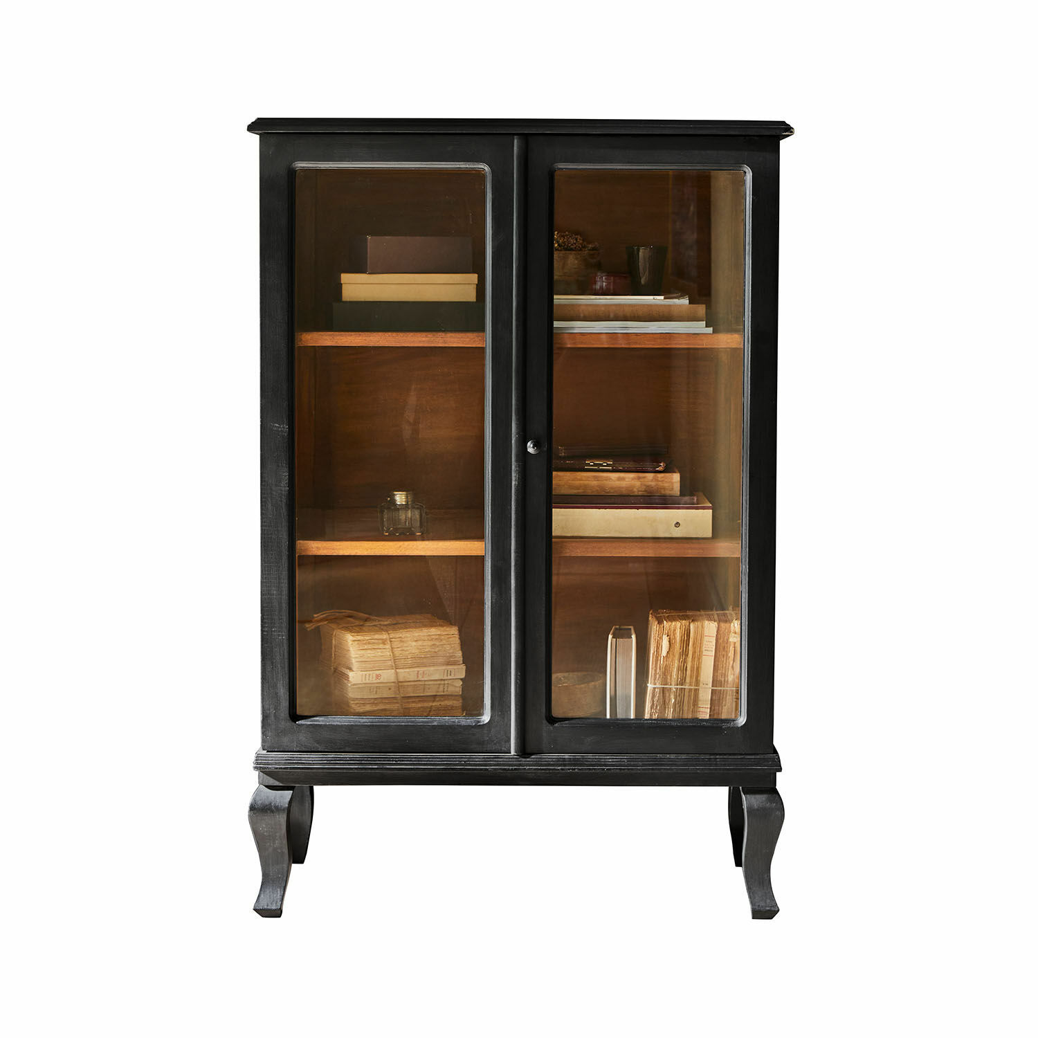 Commode Westleigh Vitrine en bois noir avec portes vitrées et étagères pour livres et objets décoratifs