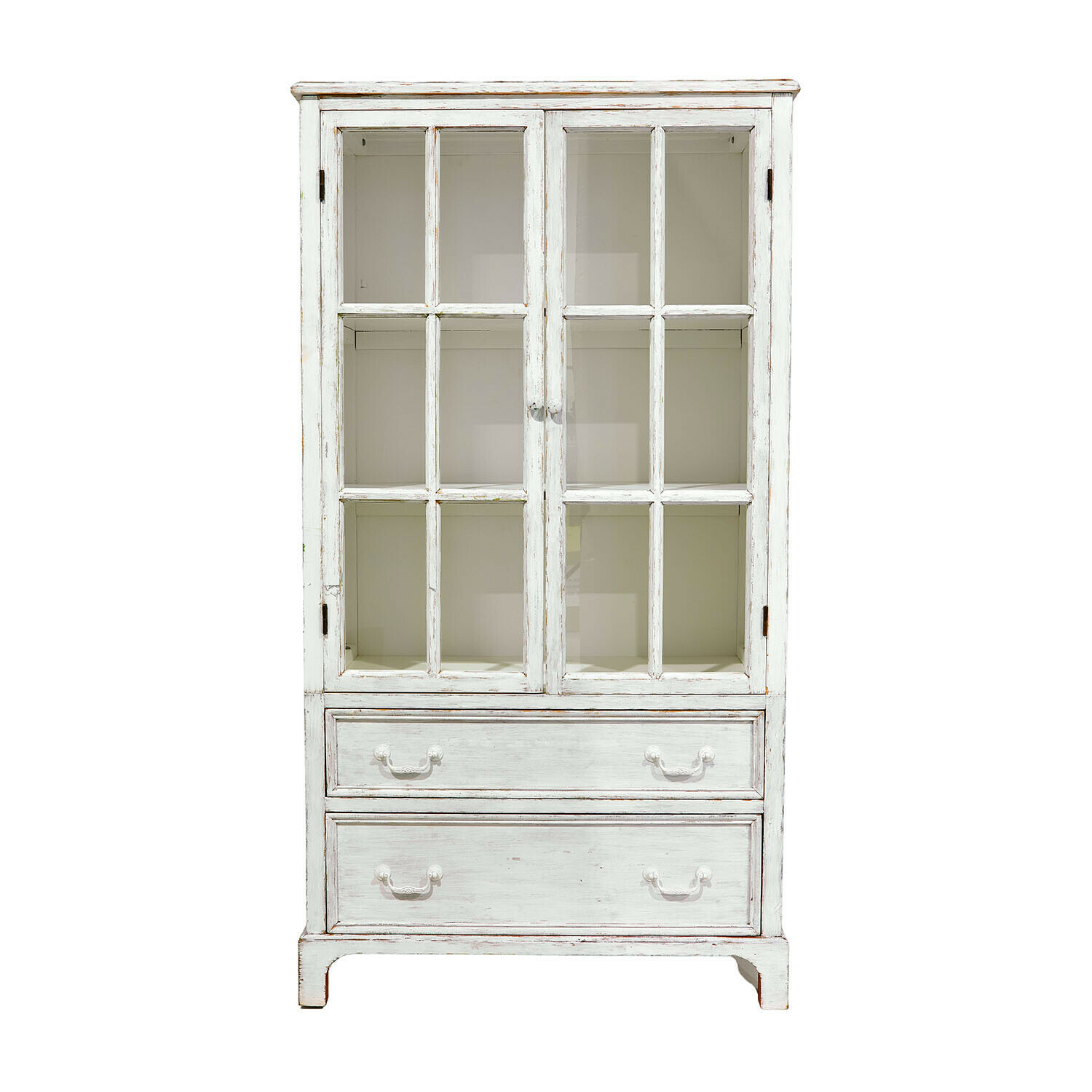blanc vieilli Buffet Jarrowfield en bois blanc antique avec portes vitrées et deux tiroirs, style vintage