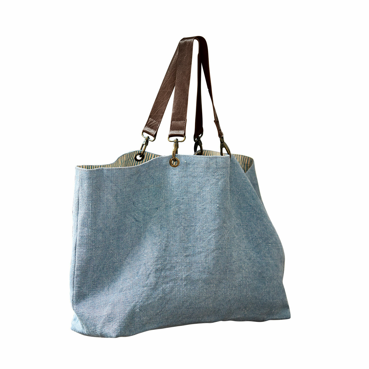 Cabas Bente Grand sac en lin bleu clair avec poignées en cuir marron, sac pratique pour courses ou usage quotidien