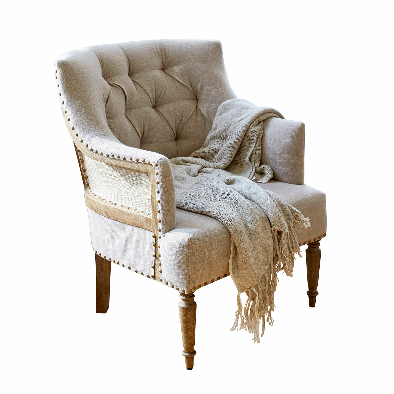 Fauteuil Bebington Fauteuil beige en tissu avec pieds en bois et plaid doux, style vintage pour salon confortable