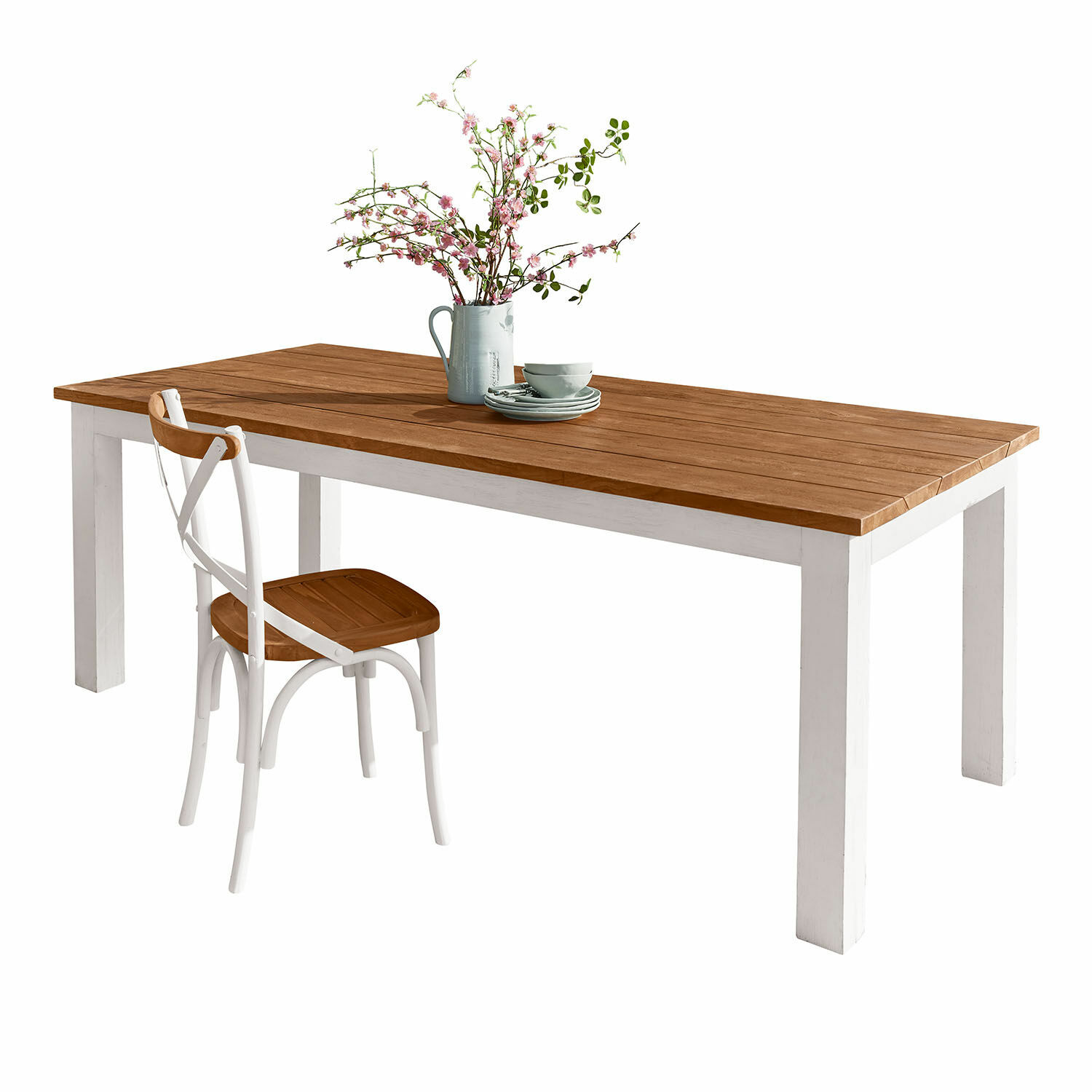 Table Kirkdale Table et chaise en bois blanc et marron avec décoration florale sur la table