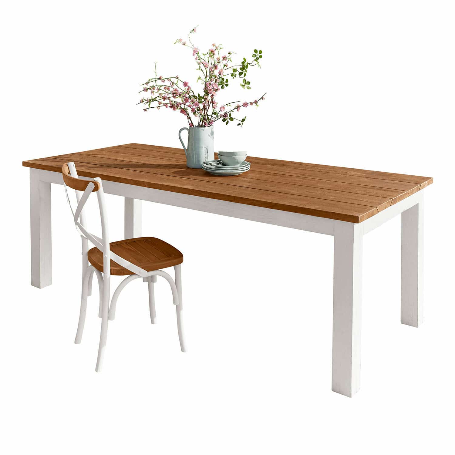 Table Kirkdale Table et chaise en bois blanc et marron avec décoration florale sur la table