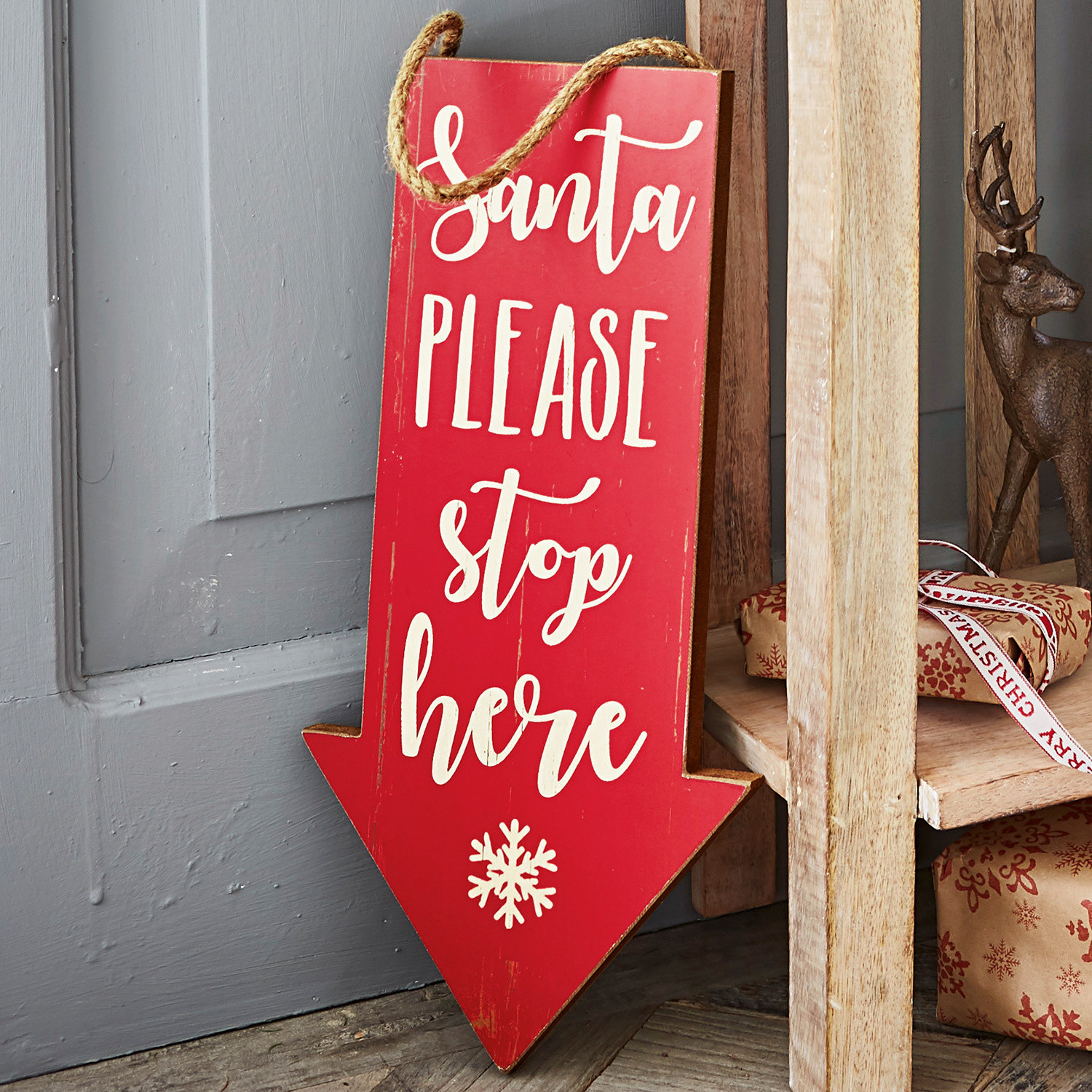 Panneau décoratif Saint Flèche en bois rouge avec inscription de Noël et corde pour suspension, décoration festive