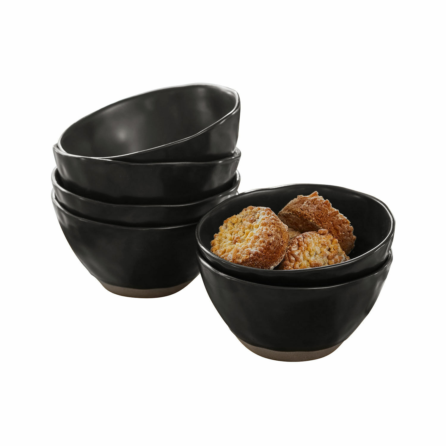 Lot de 6 bols Biarré Ensemble de bols en céramique noire avec base marron naturel, parfaits pour servir des snacks