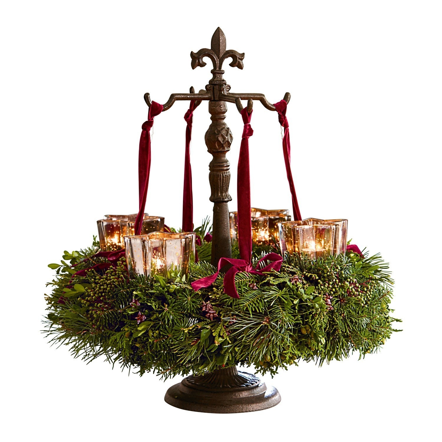 Support pour couronne Antwan Bougeoir en métal avec couronne verte et rubans rouges pour bougies décoratives festives