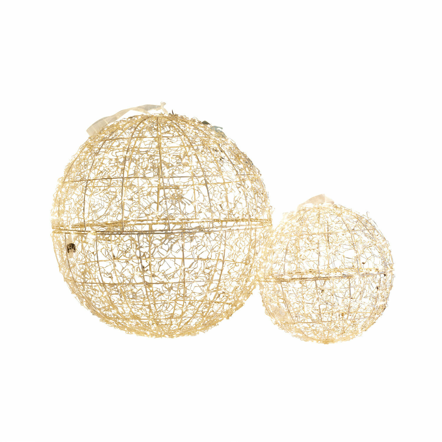 Lot de 2 boules LED Ambertin Deux boules décoratives en fil métallique doré avec éclairage, parfaites pour la décoration intérieure.