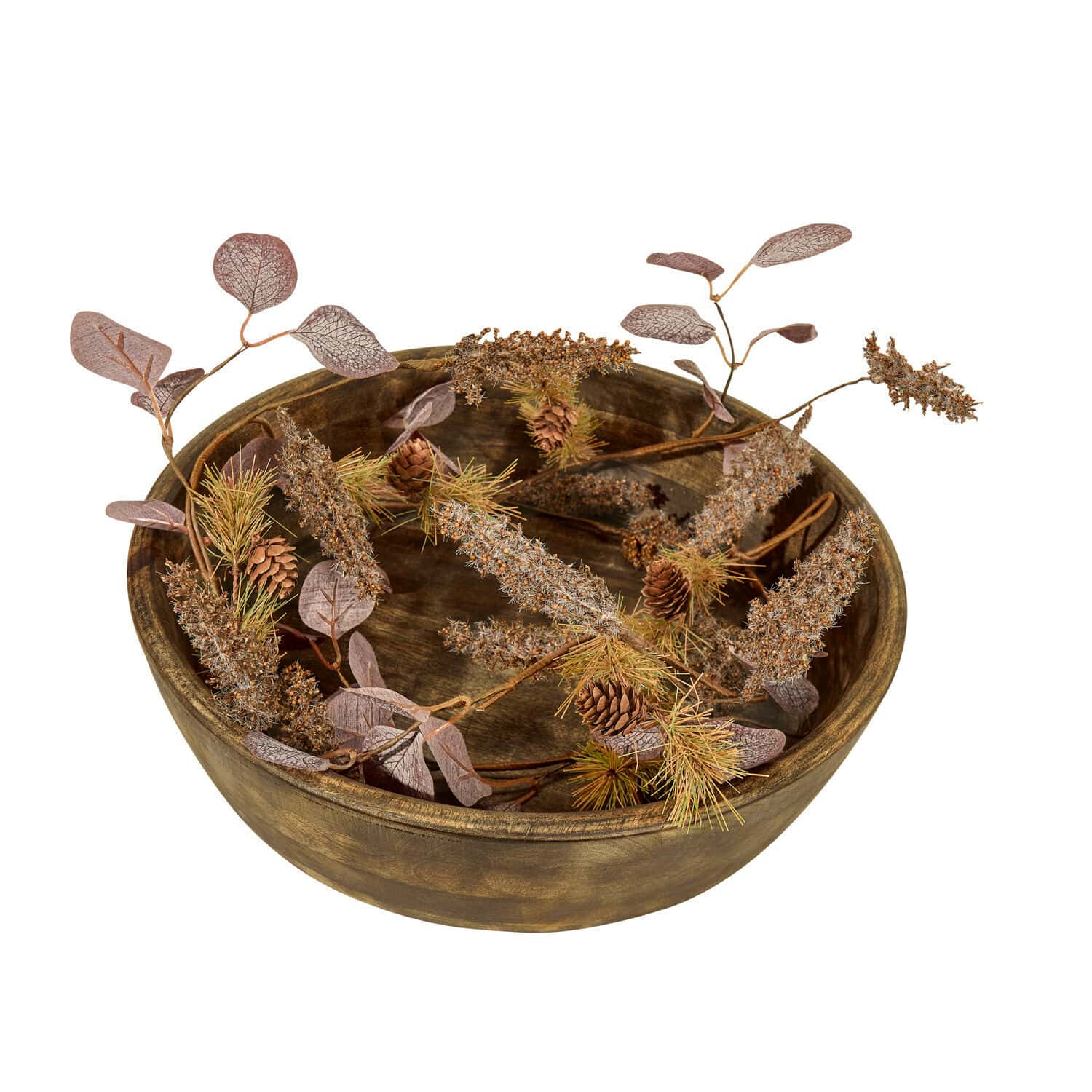 Coupe Crisfield Bol en bois décoratif avec branches séchées et pommes de pin dans des tons bruns naturels