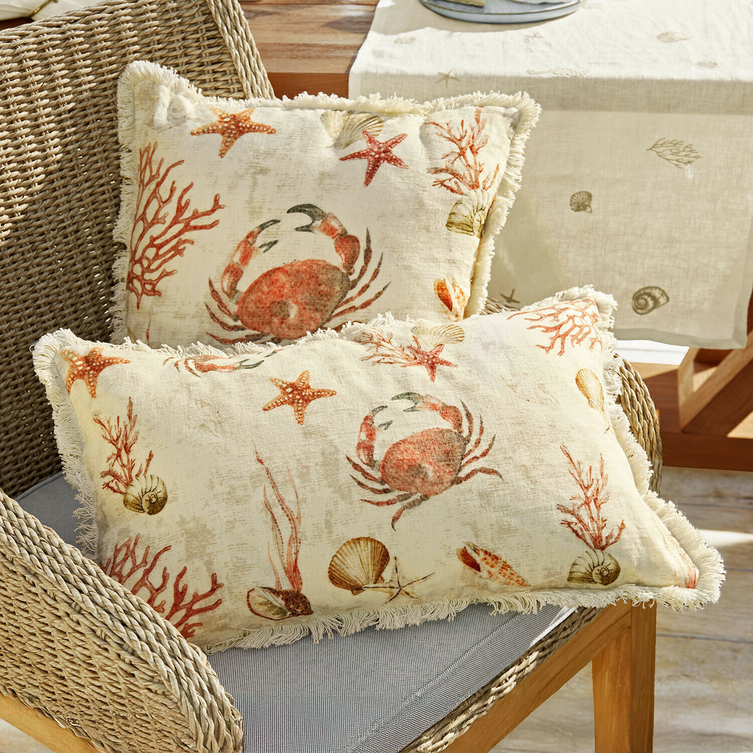 Lot de 2 housses de coussins Celorin Coussins décoratifs en lin crème avec motif crabe et coquillages, bordure à franges