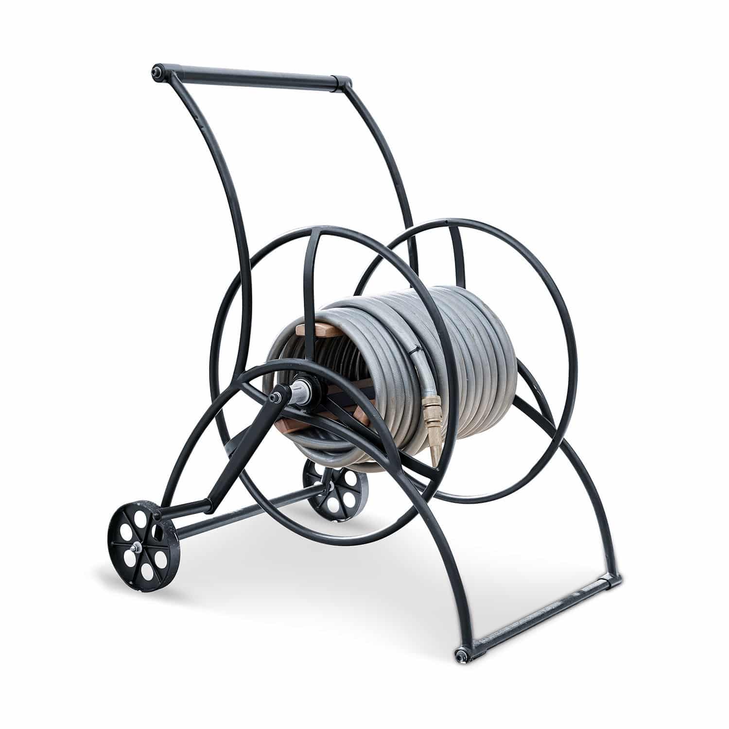 Chariot enrouleur de tuyau d’arrosage Middleby Chariot en métal noir avec tuyau d'arrosage gris pour jardinage pratique