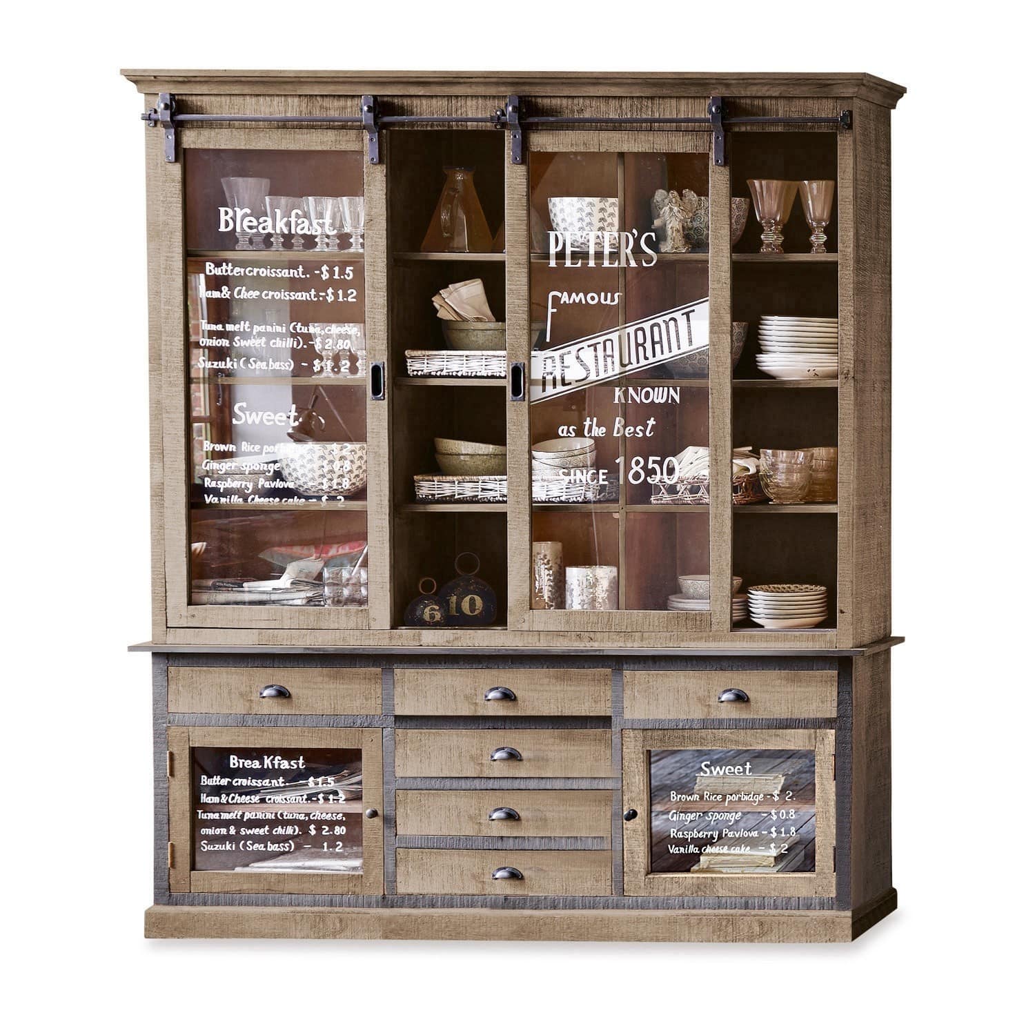 Armoire Peter´s Grande vitrine en bois avec portes coulissantes en verre et étagères pour vaisselle style vintage